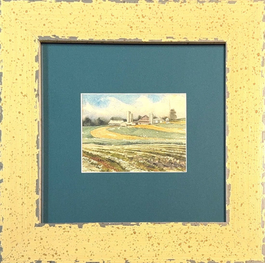 Carl Johann Nikolaus Piepho, Watercolor on Paper, German Painter (1869 - 1920): KEYWORDS: Farm, Farmstead, Rural, Landscape, Barn, Silos, Fields, Harvested, Dirt road, Path, Hillside, Rolling hills, Country, Countryside, Ohio landscape. Born: 1869 - Frankfurt/Main. Died: 1920 - M