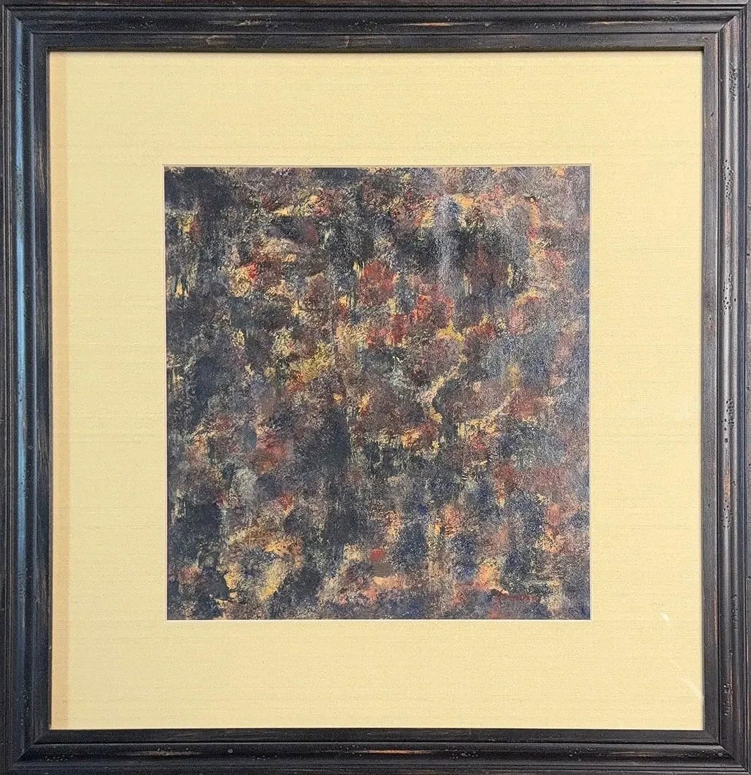 Antonio Corpora, Oil on Paper, Italian (1909 - 2004): KEYWORDS: Dark color palette, Muted tones, High contrast, Deep blues, grays, black, Earthy reds, yellows, oranges, Amorphous shapes, Irregular forms, Layered paint, All-over composition. Born: 1909 -
