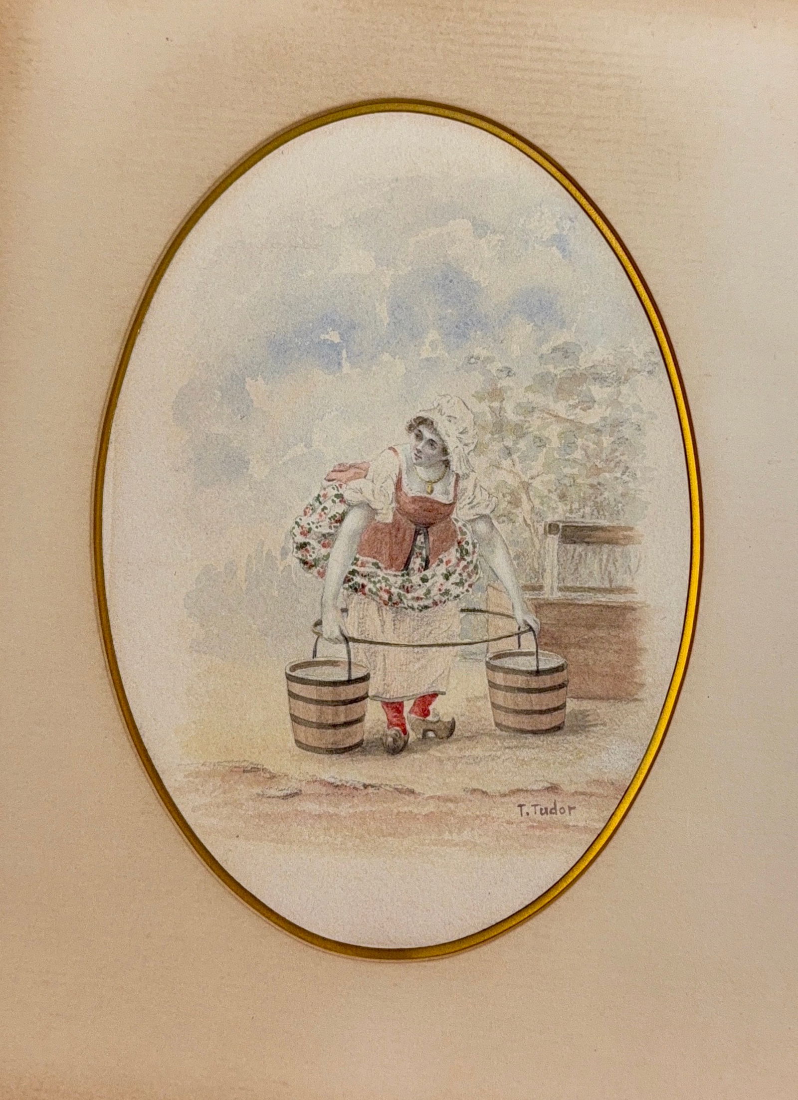 Tasha Tudor, 1915 Boston, Massachusetts - 2008 Marlborough, Vermont. Known for: Children's book: Identified as a milkmaid dressed in traditional period clothing including a red bodice, a white apron, and a distinctive white cap. She is shown in a pastoral setting, carrying two wooden pails using