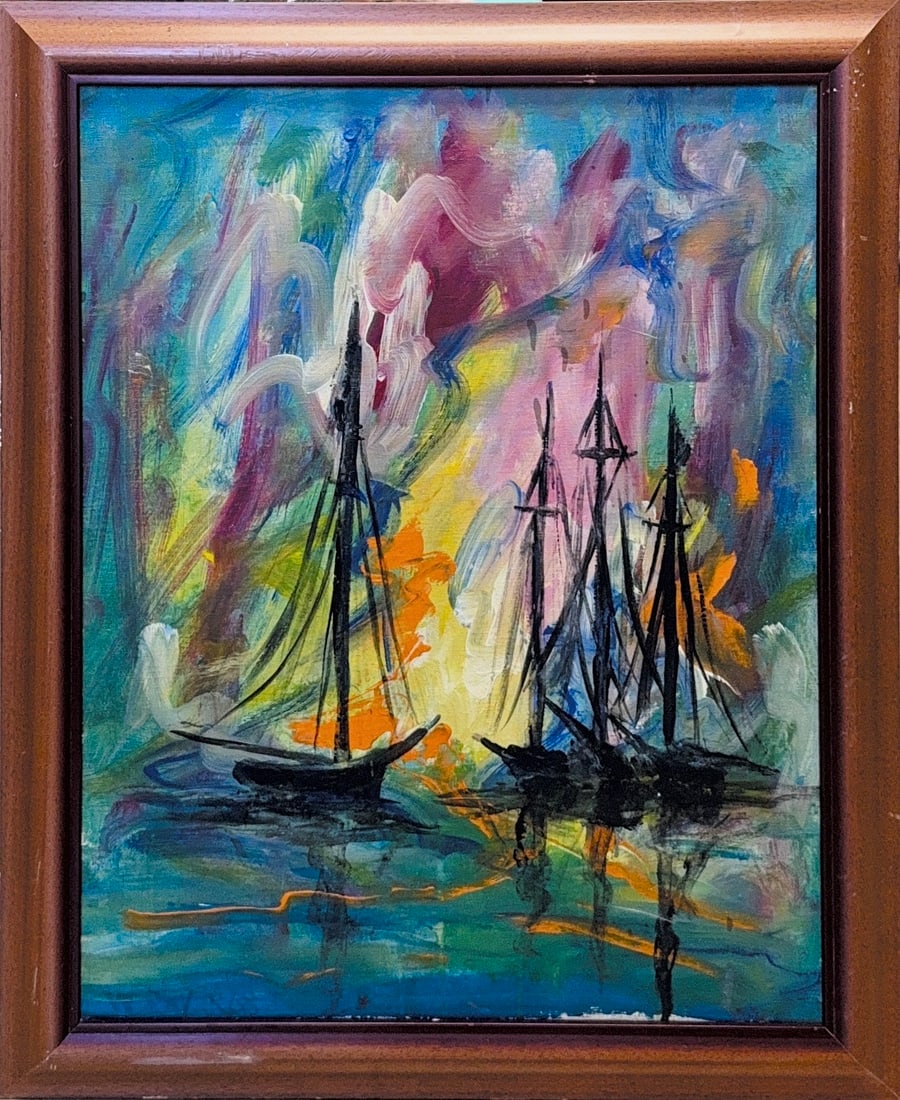 Illegible Signature, Antique Oil on Canvas: This vibrant abstract painting depicts three sailboats or tall ships positioned in the foreground of a colorful, atmospheric sea and sky. The artwork is characterized by bold, expressive brushstrokes