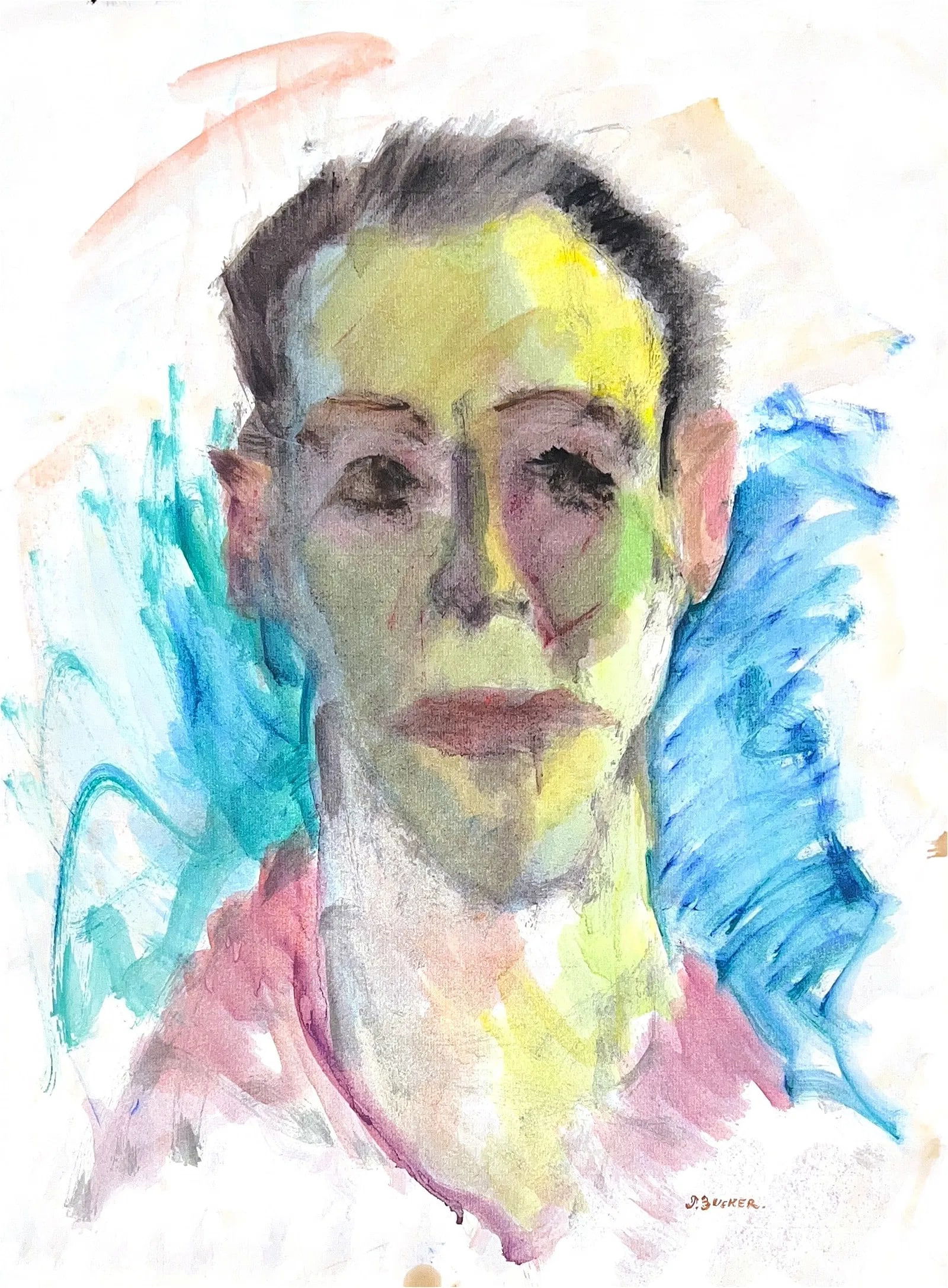 Jacques Zucker, Oil on Paper, Polish Painter (1900 - 1981) 2 for 1: KEYWORDS: Portrait, Semi-Impressionism, Face, Colorful, Man. Born: 1900 - Radom, Poland. Died: 1981 - New York City. Known for: Expressionist figure, town- and landscape paintings, still lives. Zucker