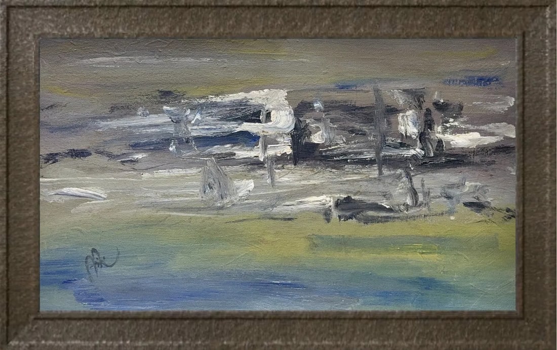 Abidin Dino, Oil on Canvas laid on Board, Turkish (1913 - 1993): KEYWORDS: Abstract, Landscape, Impressionism, Canvas, Texture, Impasto, Horizon, Atmosphere, Stormy, Seascape, Gestural, Expressive, Monochrome, Blue. Born: 1913 - Istanbul, Turkey. Died: 1993 - Paris