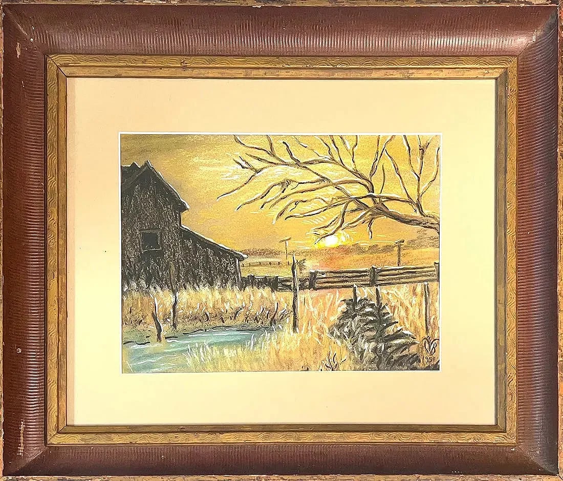 Charles Burchfield, Mix-Media on Paper, American (1893 - 1967): KEYWORDS: Rustic, Farm, Landscape, Golden hour, Sunset, Weathered, Barn silhouette, Leafless tree branches, Wooden, Fence line, Small Pond, Stream, Autumnal color palette. Vintage 1951 dateBorn: 1893