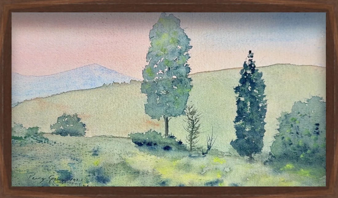 Percy Gray, Watercolor on Paper, American (1869 - 1952): KEYWORDS: California, Impressionism, Tonalism, Landscape, Eucalyptus trees, Rolling hills, Misty atmosphere, Northern California, Soft light, Pastoral. Percy Gray was a talented American painter whose