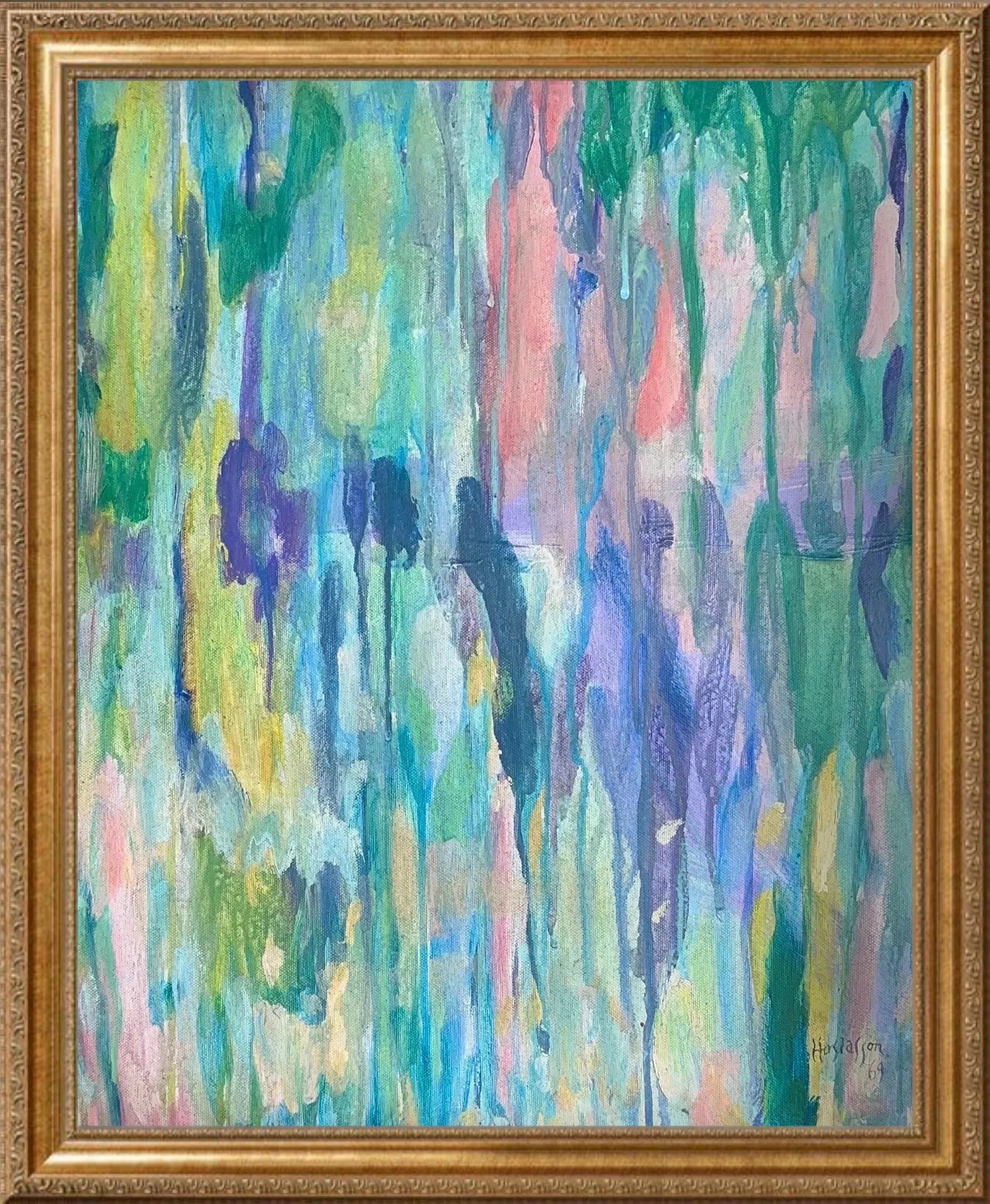 Philippe Hosiasson, Oil on Canvas, Ukrainian (1898 - 1978): KEYWORDS: Abstraction, Contemporary, Drip, Gestural, Rhythmic, Vertical, Layered, Teal, Lavender, Emerald, Fluid, Textured, Colorful, Exotic. Philippe Hosiasson grew up in Odessa in family of merchant