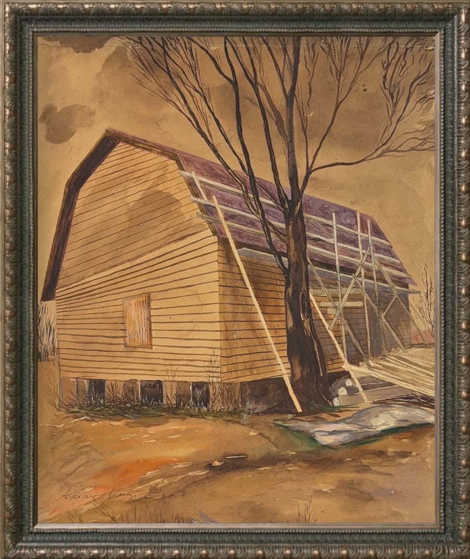 Andrew Newell Wyeth, Watercolor/Mix-Media on Artist Paper, American (1917 - 2009): KEYWORDS: Rural landscape, Barn, Farm building, Construction, Renovation (exposed rafters and scaffolding), Weathered wood siding (yellow-orange), Bare tree (winter or early spring), Earth tones (brow