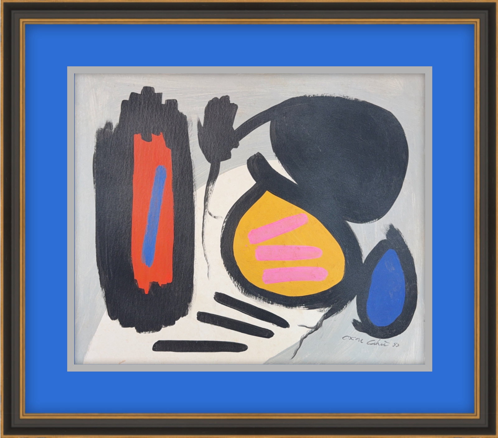 Oscar Cahen, Oil on Artist Cardboard, Danish (1916 - 1956): KEYWORDS: Abstract, Mid-Century Modern, Abstract Expressionism , Art Informel, Vibrant colors, Signed art, Shapes. Born: 1916 - Copenhagen, Denmark. Died: 1956 - Oakville, Ontario. Known for: Abstract