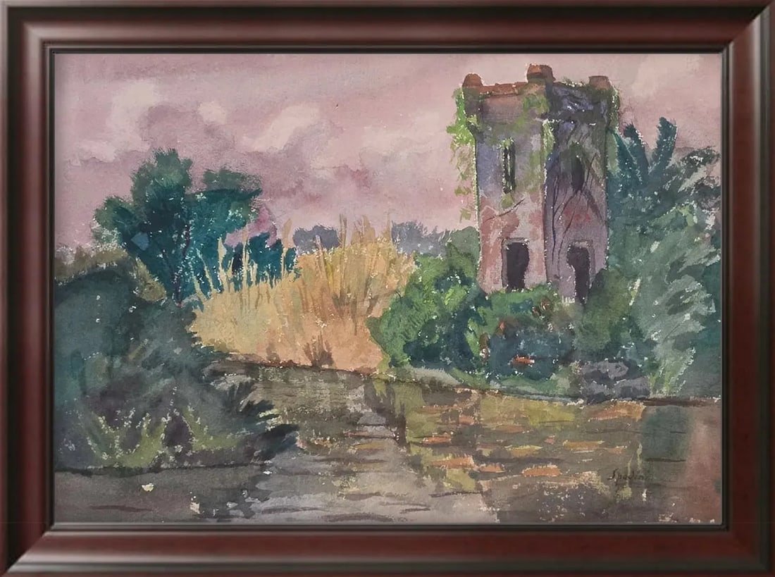 Armando Spadini, Watercolor on Paper, Italian (1883 - 1925): KEYWORDS: Ruins, Castle, Water, Vegetation, Landscape, Overgrown, Reflection, Nature, Old. Born: 1883 - Florence. Died: 1925 - Rome. Known for: Painting. Armando Spadini was born in Florence in 1883.
