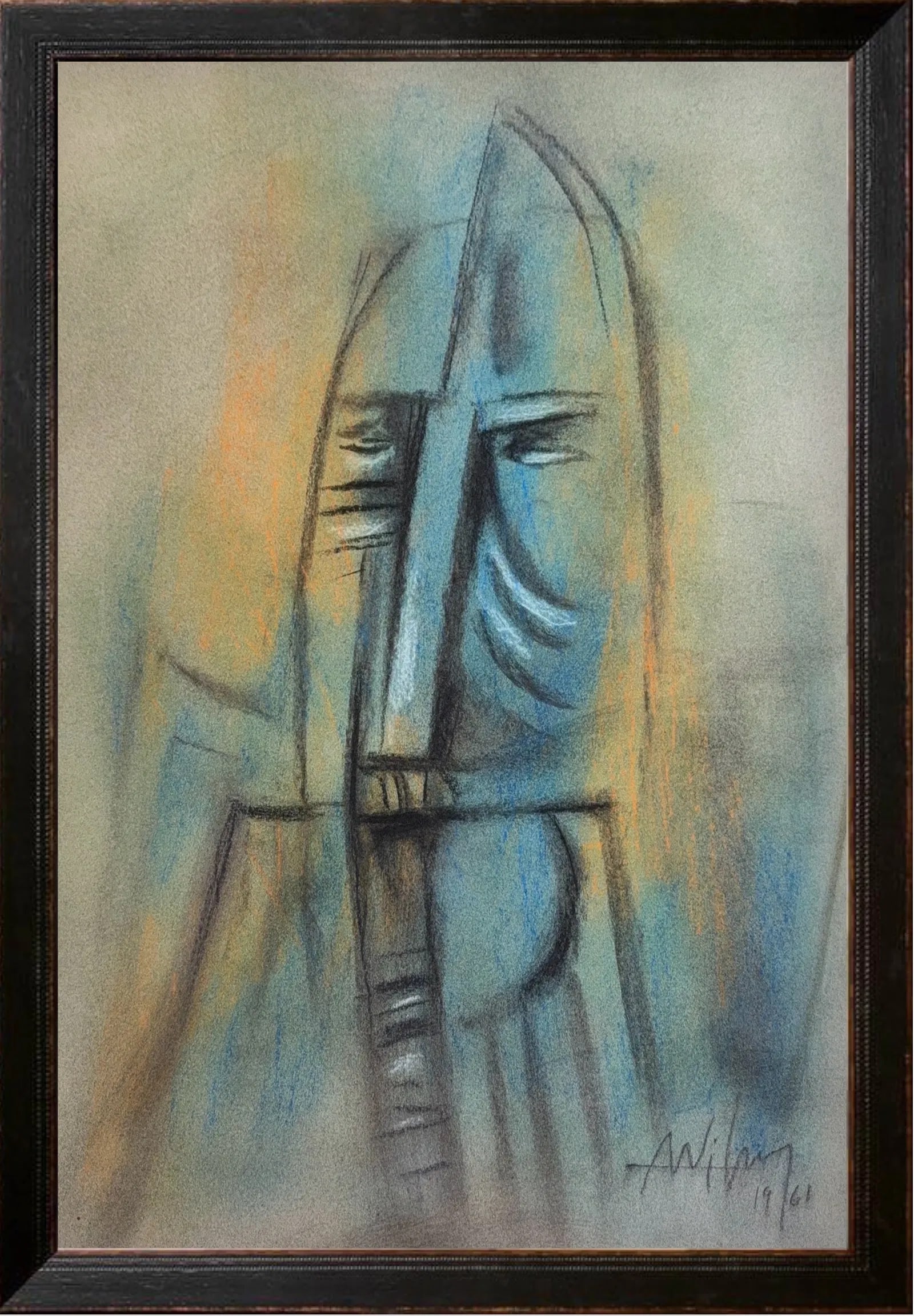 Illegible Signature, Mixed-Media on Paper: KEYWORDS: Surrealism, Cubism, Afro-Cuban culture, Mask-like face, Abstract portrait, Charcoal and pastel on paper, Hybridity, African and Oceanic art, Influence, Symbolism, Muted earth tones. A solita