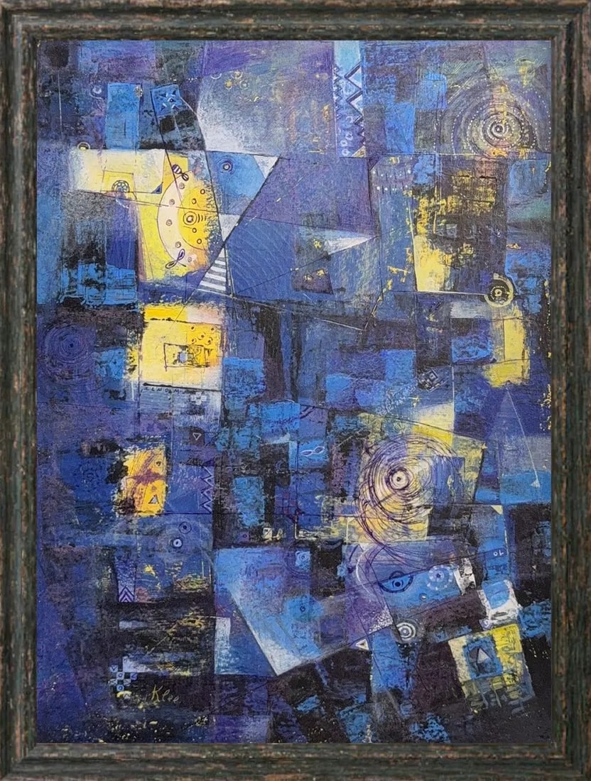 Paul Klee, Oil/Mix-Media on Artist Paper, Swiss (1879 - 1940) "Moonlight" (Attributed): KEYWORDS: Moonlight, Abstract art, Expressionism, Cubism (elements visible in the geometric abstraction), Geometric shapes, Blue and yellow colors, Mixed media (implied by visible textures and varied