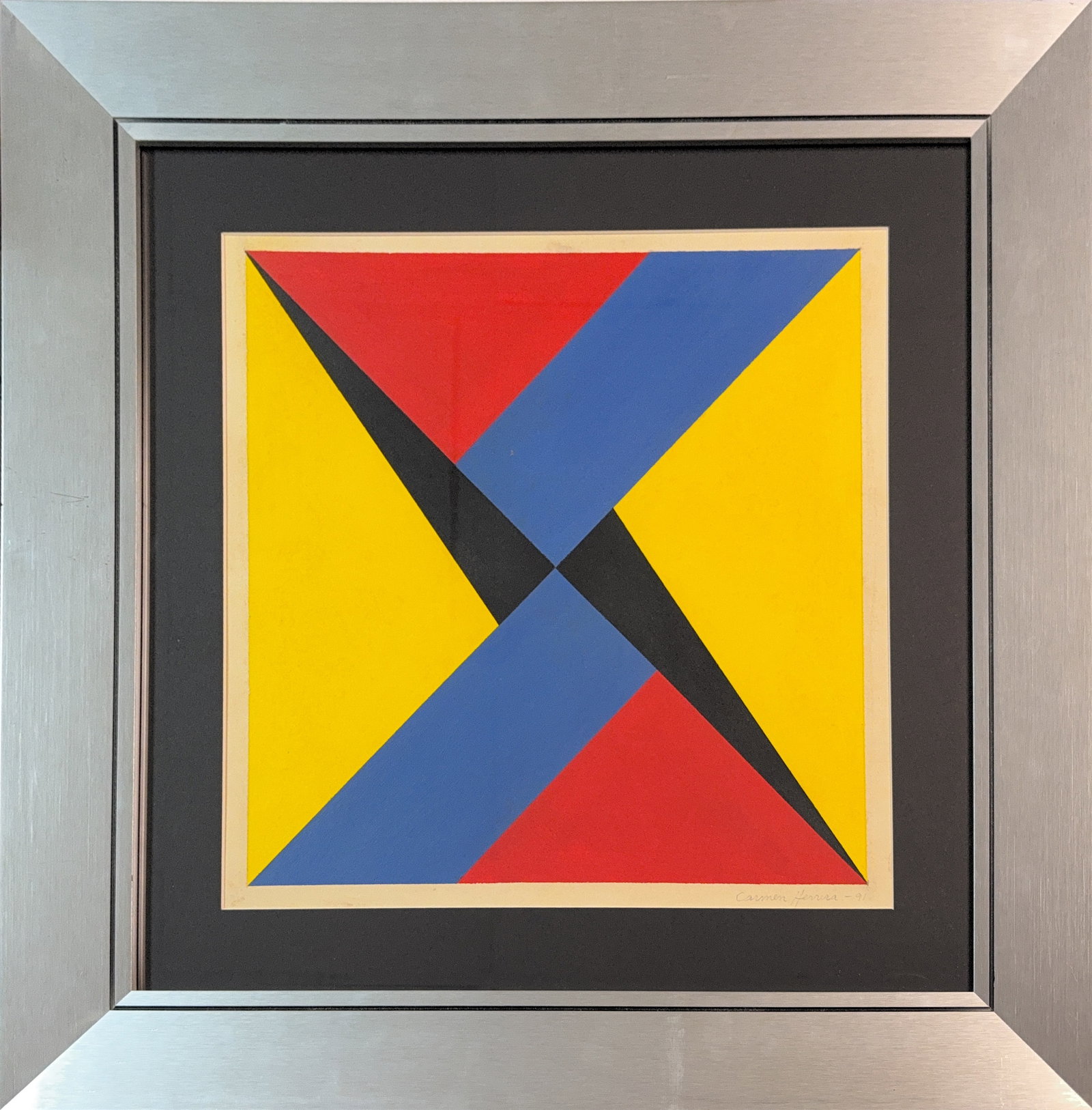 Carmen Herrera, Oil on Cardboard, Cuban(1915 - 2022): KEYWORDS: Geometric Abstraction, Hard-Edge Painting, Minimalist, Composition, Symmetrical Design, Triangular Forms, Pinwheel Pattern, Nautical Signal Imagery, Aesthetic, Flat Perspective. Born: 1915 -
