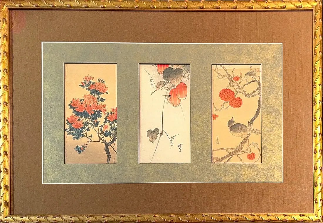 Imao Keinen, Watercolor/Mix-Media on Silk, Japanese (1845 - 1924) SET OF 3: KEYWORDS: Japanese: Watercolor, Silk, Flowers, Animals, Trilogy. Imao Keinen (Kyoto 1845 – 1924) was a Japanese painter and print designer of the late 19th and early 20th centuries, part of the shin