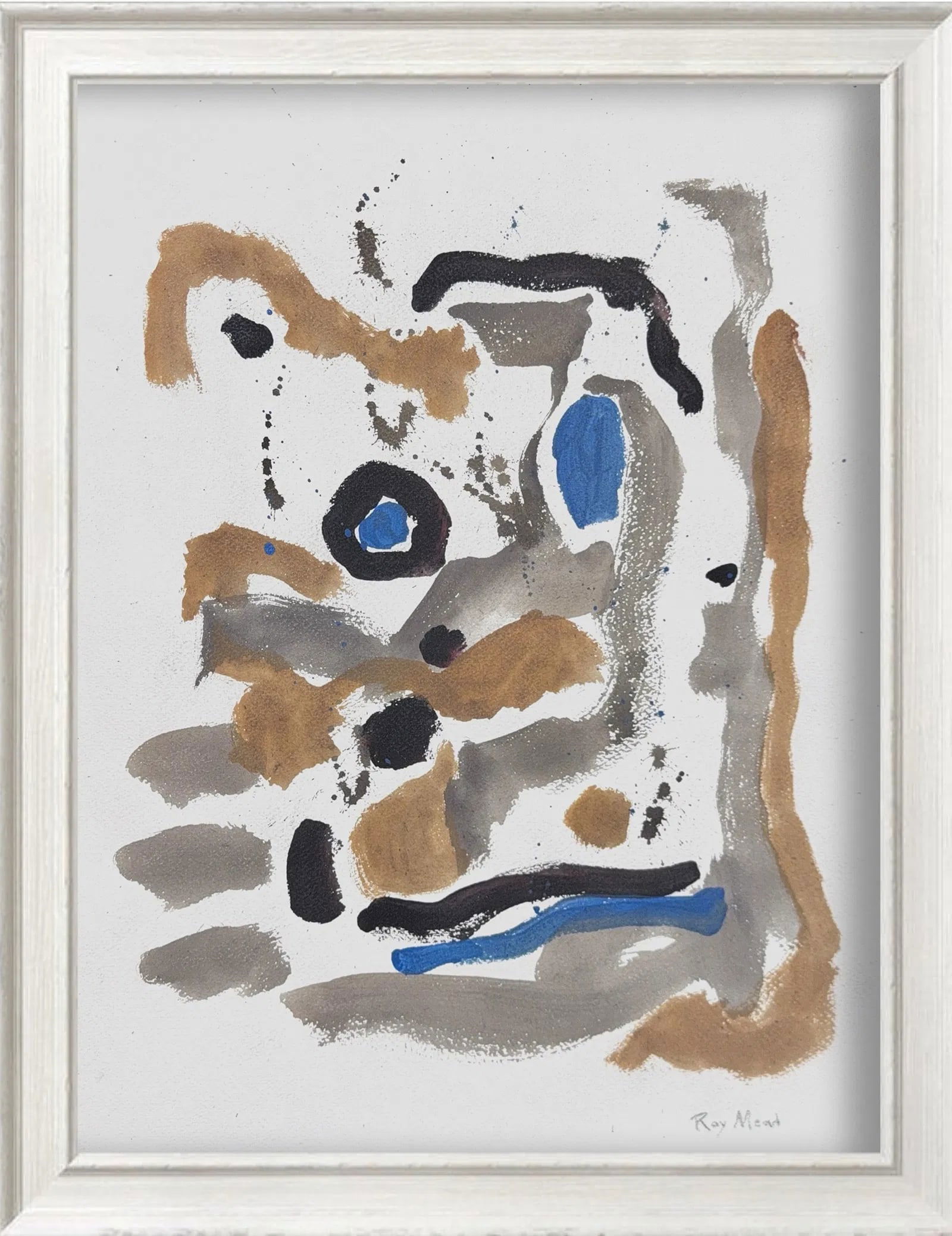 Raymond Mead, Watercolor/Mix-Media on Paper, English (1921 - 1998): KEYWORDS: Abstract, Modernist, Gestural, Expressionist, Composition, Ochre, Cobalt, Charcoal, Neutral, Brushstrokes, Splatter, Layered, Organic, Contemporary. 1921 Watford, Hertfprdshire, England - 19