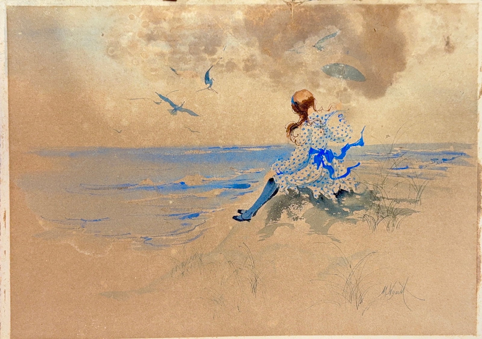 Illegible Signature, Watercolor on Cardboard: KEYWORDS: Beach scene, seashore, girl sitting, seagulls, blue dress, vibrant, nostalgic. This evocative watercolor depicts a young girl sitting on a sandy dune, her back to the viewer as she gazes out