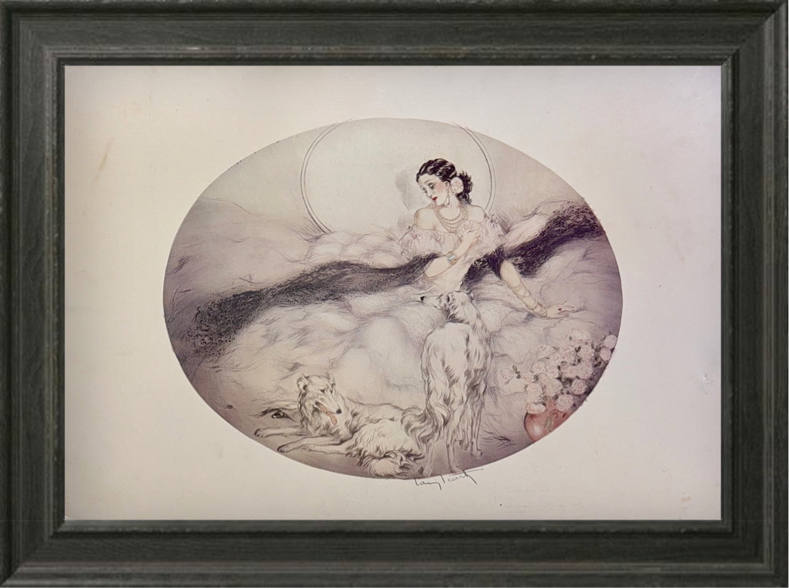 Louis Icart, Print on Cardboard, French (1888 - 1950): KEYWORDS: Woman, elegant, wolfhounds, flowers, pearls, gowns, sophisticated. 1888 Toulouse, France - 1950 Paris, France. Known for: Sensuous female figure drawing and painting, fashion design. Louis J