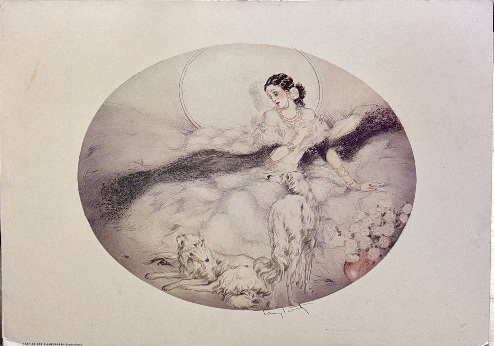 Louis Icart, Print on Cardboard, French (1888 - 1950): KEYWORDS: Woman, elegant, wolfhounds, flowers, pearls, gowns, sophisticated. 1888 Toulouse, France - 1950 Paris, France. Known for: Sensuous female figure drawing and painting, fashion design. Louis J