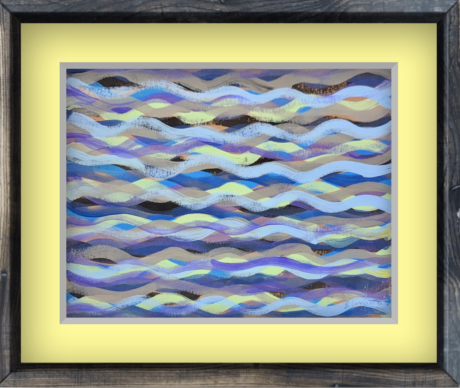 Sol LeWitt, Mix-Media on Card Board, Russian-Jewish (1928 - 2007): KEYWORDS: Abstract, Waves, Horizontal, Undulating lines, Layered, Brushstrokes, Serene color palette, Textured, Rhythmic pattern, Oceanic/Seascape theme, Minimalist structure, Vibrancy, Movement. Born