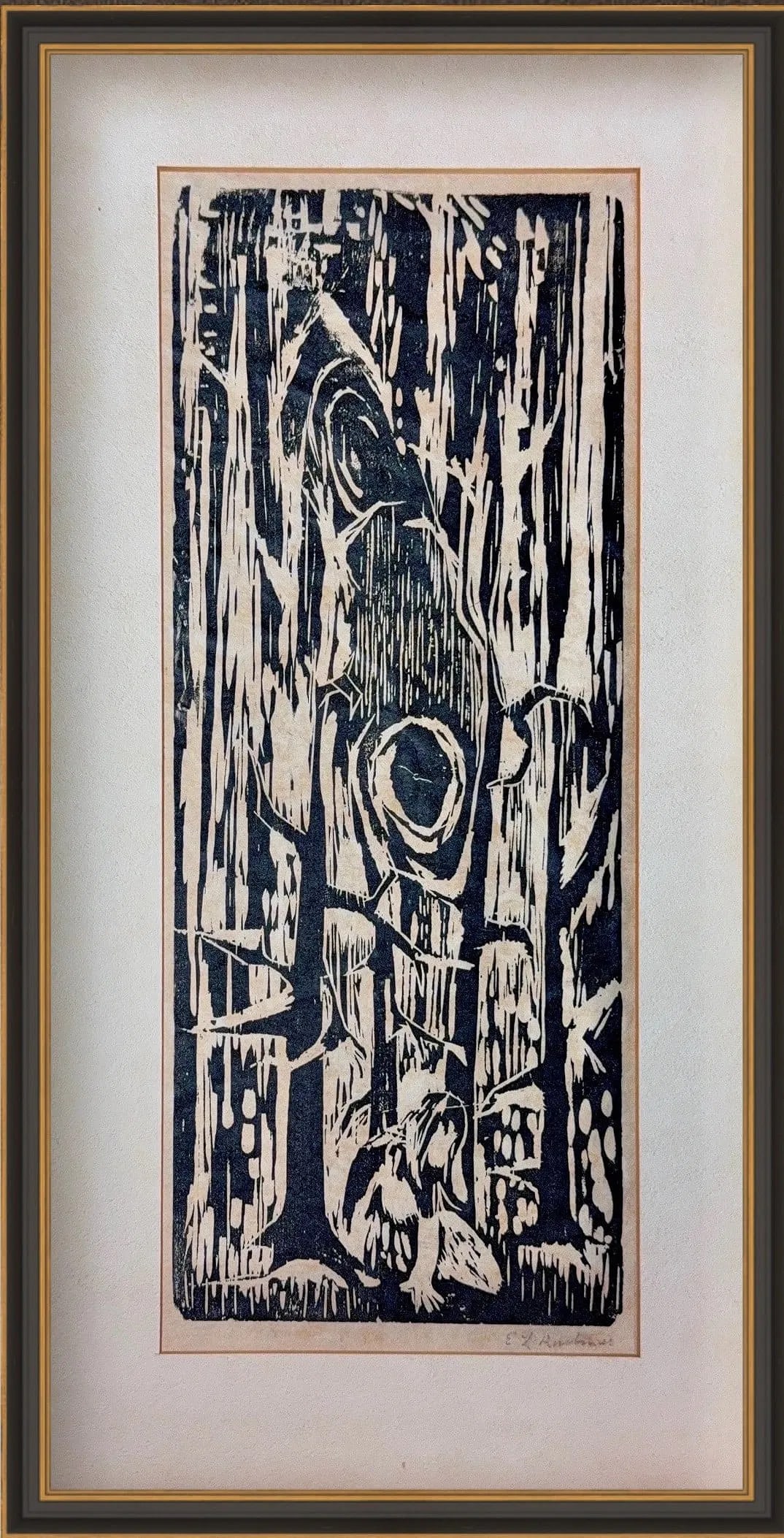 Ernst Ludwig Kirchner, Antique Woodcut on Paper, German (1880 - 1938): KEYWORDS: Woodcut, Monochrome, Expressionism, Vertical, Forest, Trees, Trunks, Branches, Woodgrain, Contrast, Stylized, Figure, Shadow, Atmospheric, Mysterious, Dark. Ernst Kirchner was born in Dresde