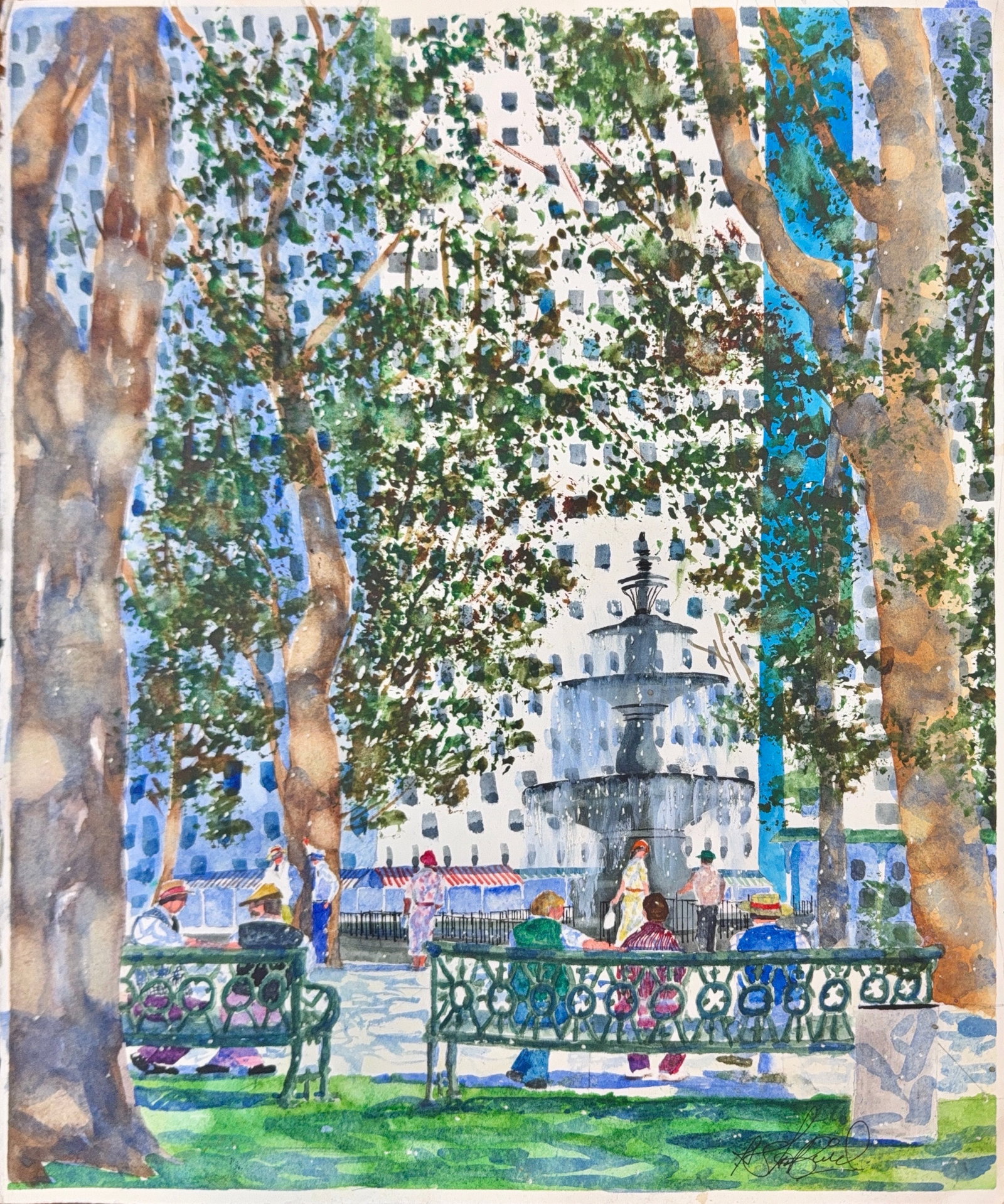 Illegible Signature, Watercolor on Paper, New York City Plaza: KEYWORDS: New York, Park, benches, civilians, trees, skyscrapers. This watercolor painting captures a sunny afternoon in Bryant Park, New York City. The composition focuses on the park's iconic Joseph