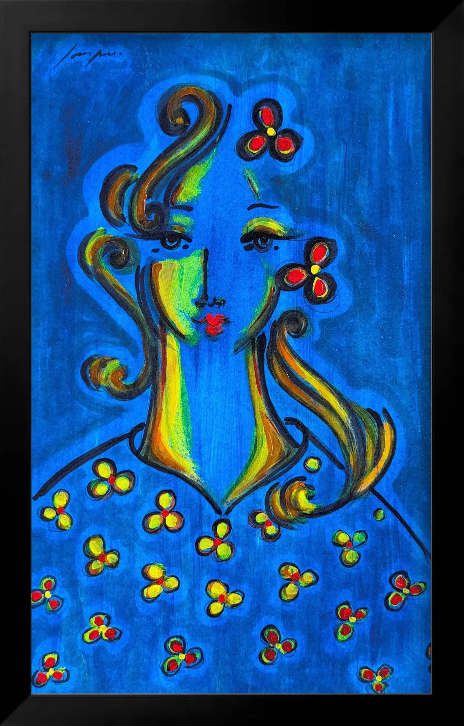 Jorgen, Oil/Mix-Media on Cardboard, Cuban (1958 - Ongoing) "Victoria": KEYWORDS: Female portrait, Woman, Modern, Abstract, Blue, Electric, Floral patterns, Swirling hair, Bold outlines, Vibrant, Whimsical, Expressive, Victoria. Miami Local Artist. Having arrived from Cub