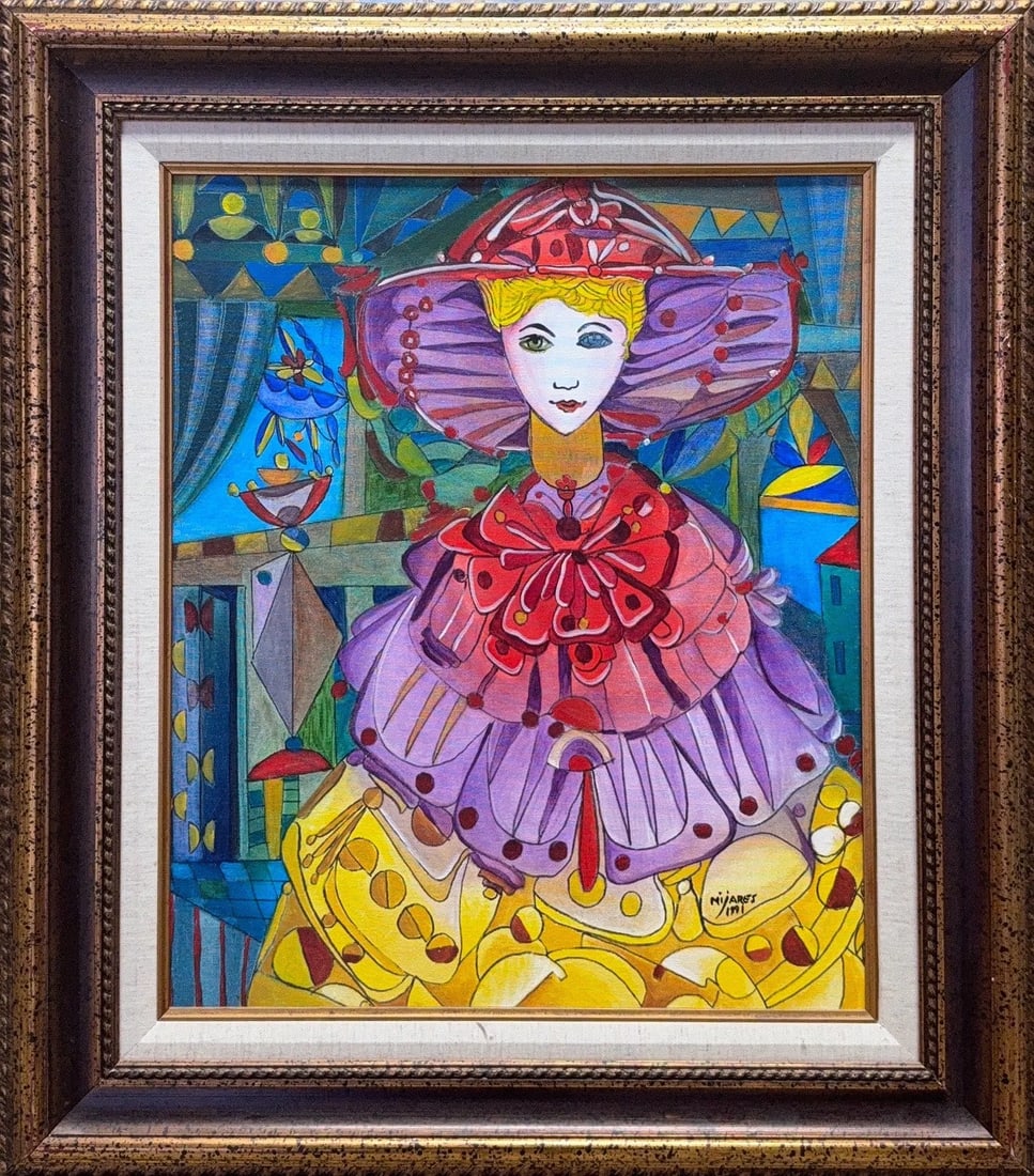 Jose Marie Mijares Fernandez, Oil on Canvas, Cuban (1921 - 2004) "Habanera": KEYWORDS: Cuban, Modernism, Geometric, Vibrant, Portrait, Woman, Elegance, Hat, Ruffles, Abstracted, Stylized, Decorative. COMES WITH CERTIFICATE OF AUTHENTICITY; COMES WITH PROOF OF ARTIST WITH THE W