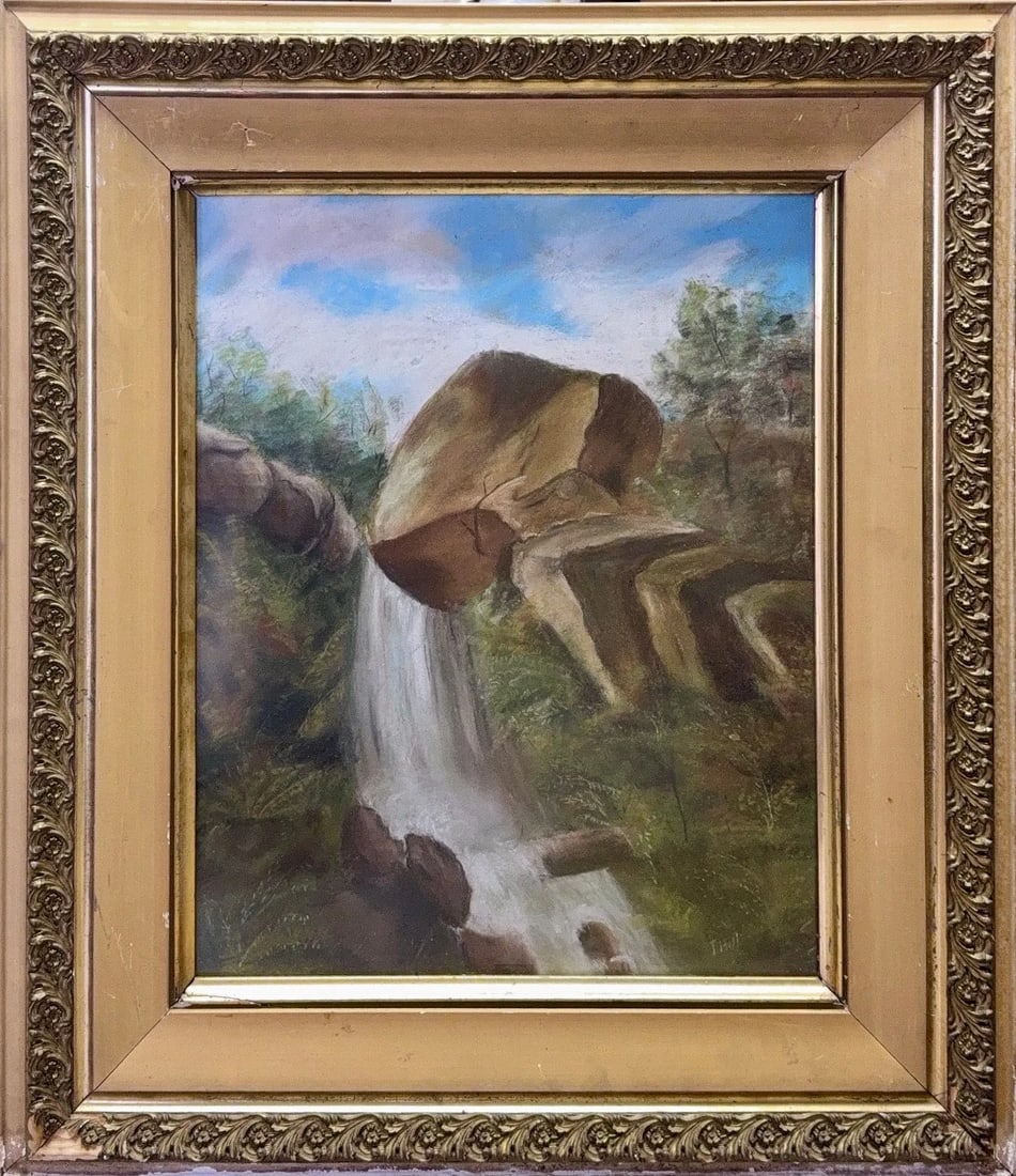 Thomas Hill, Pastel on Paper, English (1829-1908) "Waterfall" (1 of 8)