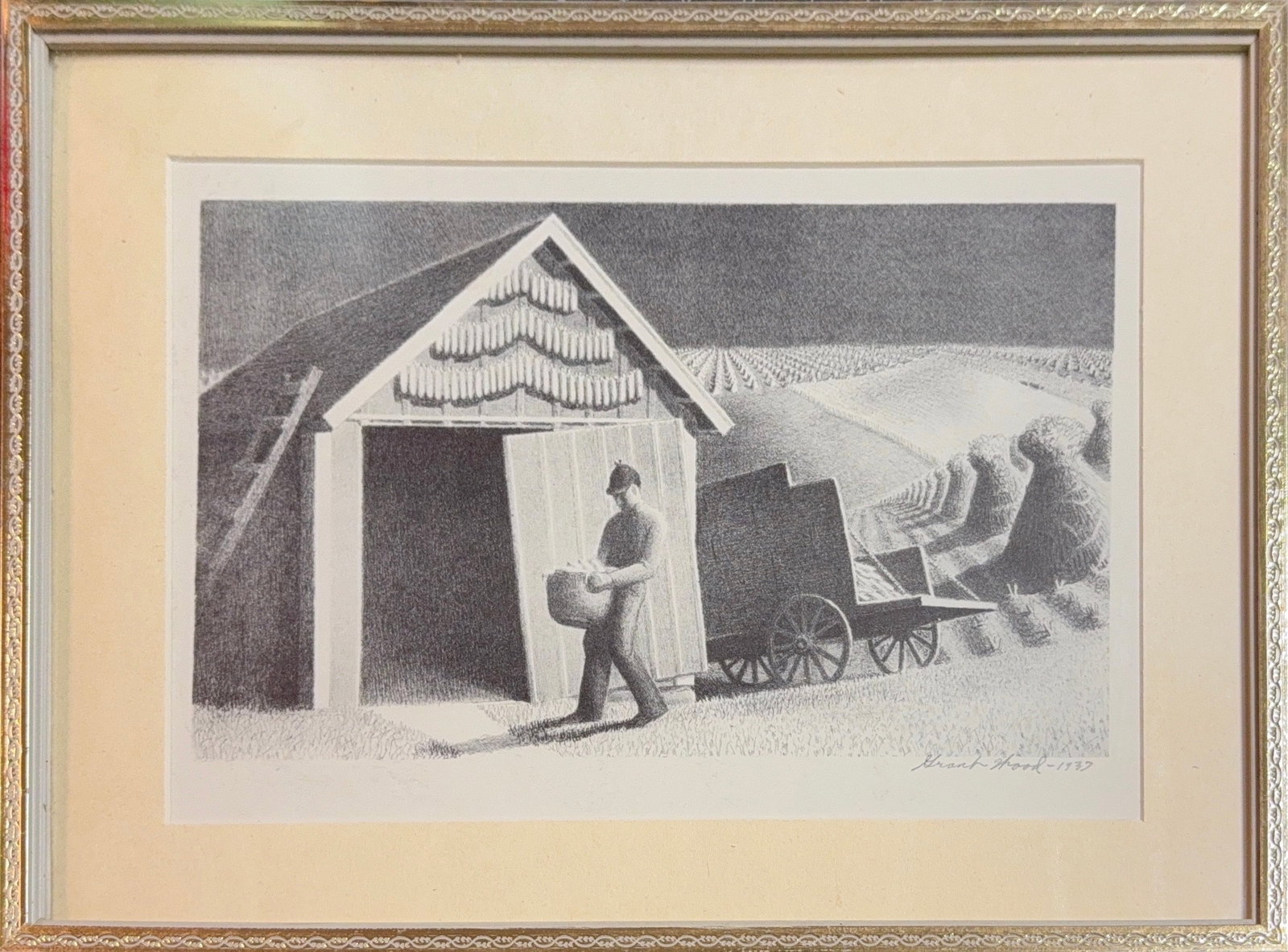 Grant Wood, Antique Lithograph, American (1891-1942) Hand signed, “Seed Time and Harvest: Artist, Year, Title: ? Grant Wood (1891 - 1942). Origin:? American. Medium: ?Antique Lithograph. Dimensions: 7.5” x 11.5”; 11” x 14.5”. Condition: Excellent. Additional Informa
