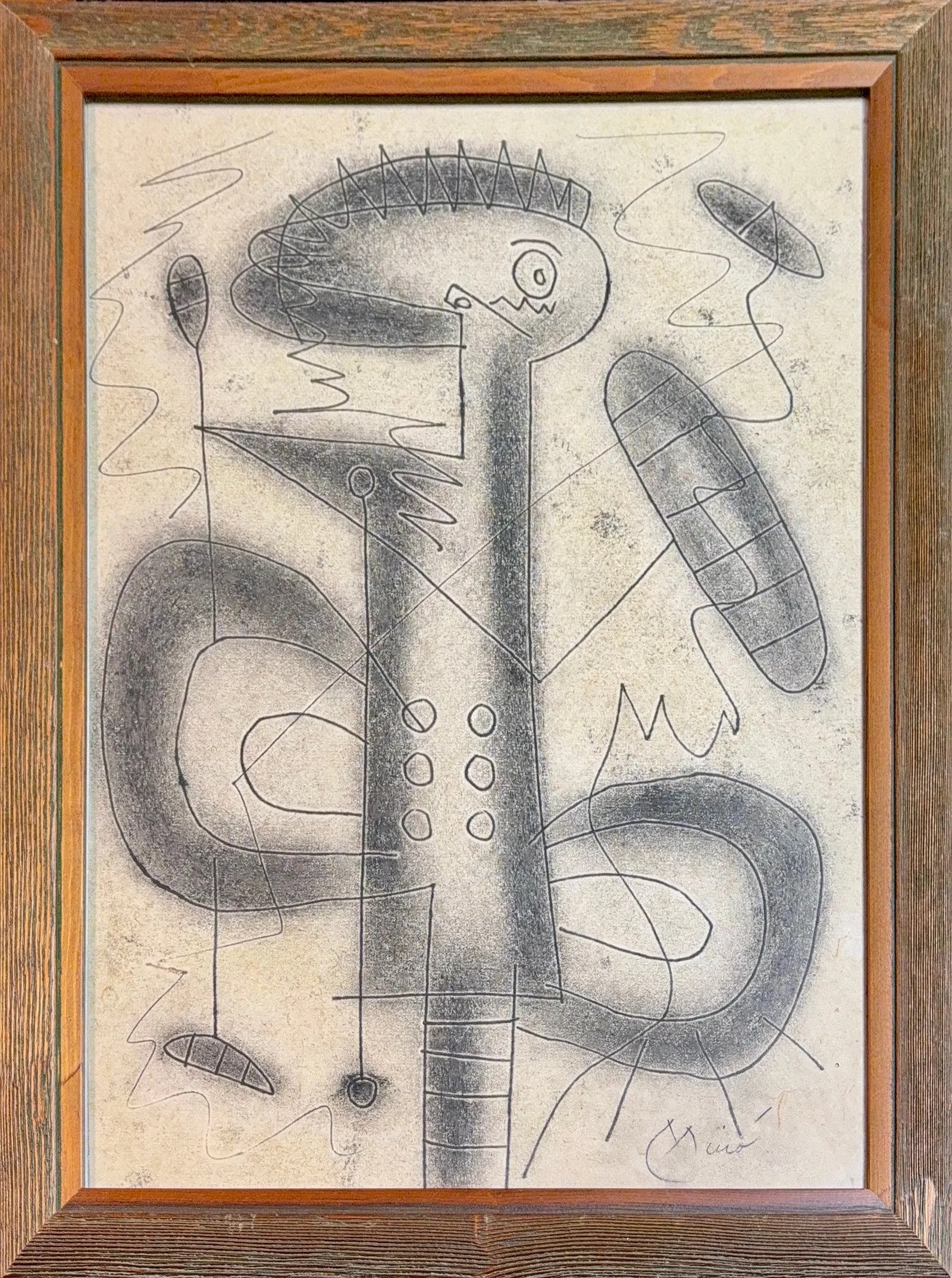 Joan Miro, Mix-Media on Paper, Spain (1893-1983): Artist, Year, Title: Joan Miro (1893 - 1983). Origin: Spanish. Medium: Mix-Media on Paer. Dimensions: 8" x 14"; 21.5" x 17.5". Condition: Good Antique condition. Additional Information: Signed lower r