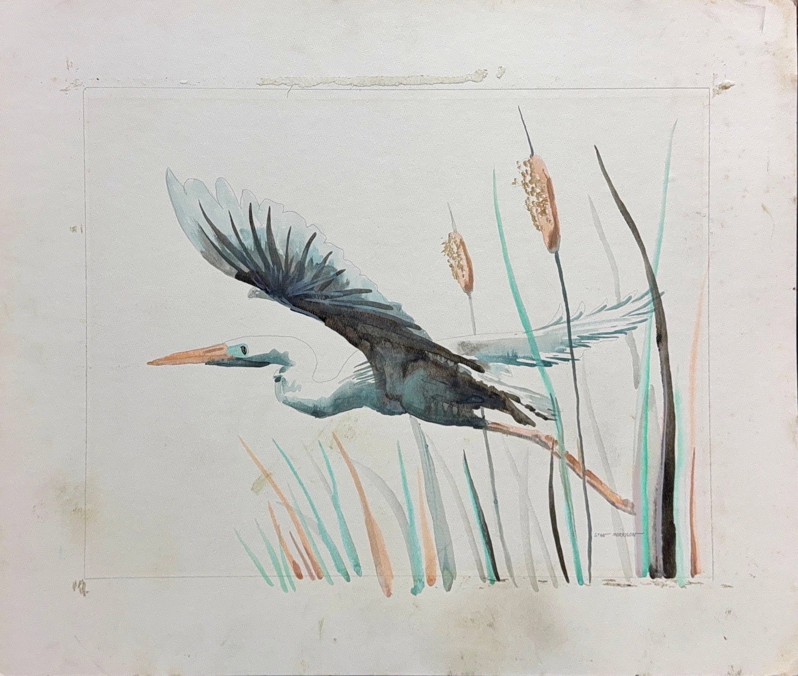 Stan Morrison, Watercolor/Mix-Media on Cardboard: Artist: Stan Morrison. Medium: Watercolor/Mix-Media on Cardboard. Dimensions: 24” x 30”. Condition: Overall good. Additional Information: The painting is in overall good condition, consist