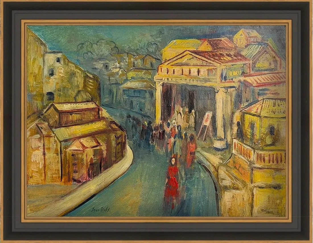 Jean Dufy, Oil on Hard Board, French (1888 - 1964): KEYWORDS: French art, Post-Impressionism, Cityscape, Figurative, Urban life, Vibrant/Colorful palette, Expressionist color, Architectural, Street scene. Born: 1888 - Le Havre, France. Died: 1964 - Bou