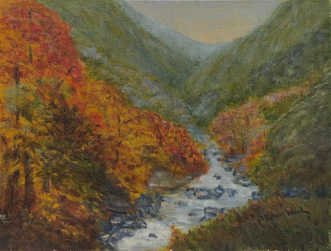 Robert William Wood, Oil on Canvas Board, English (1889 - 1979): KEYWORDS: Autumn, Fall season, River, Stream, Rushing water, Mountains, Hillsides, Vibrant colors, Orange, Red, Yellow foliage, Green distant hills, Blue water, Realistic style, Traditional art, Natur