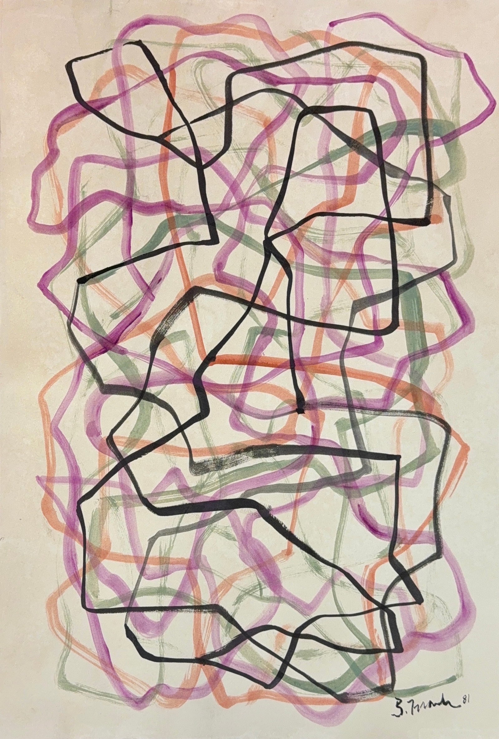 Brice Marden, Gouache/Mix-Media, American (1938-2023): Artist, Year: Brice Marden, (1938-2023). Origin: American. Medium: Gouache mix media. Dimensions: 22" x 15". Condition: Good overall. Additional Information: Signed lower right corner, dated 1981. The