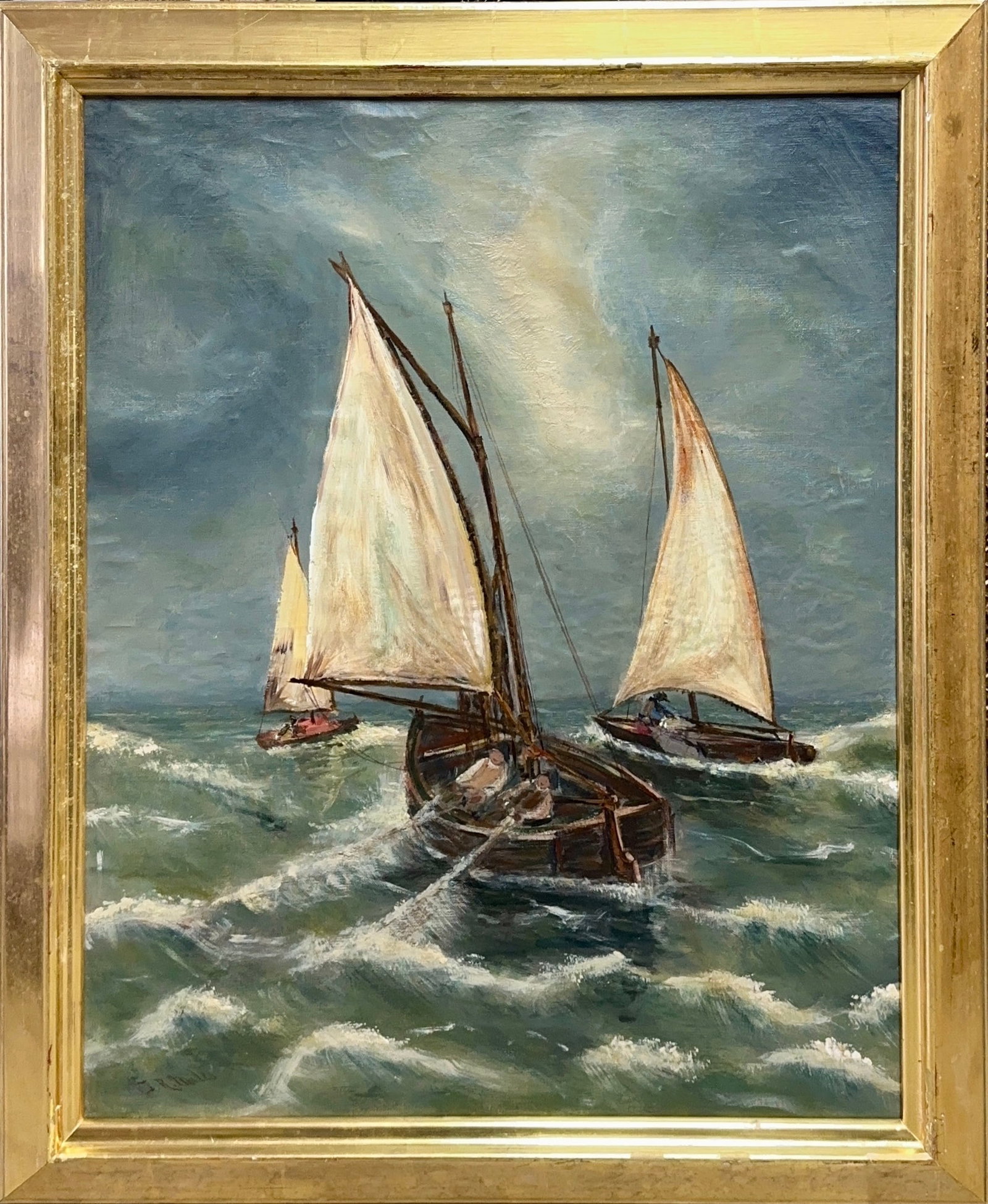 Thomas R. Miles, Oil on Canvas Laid on Hardboard, British (1844-1916) "FISHING IN ROUGH WATERS" (1 of 7)