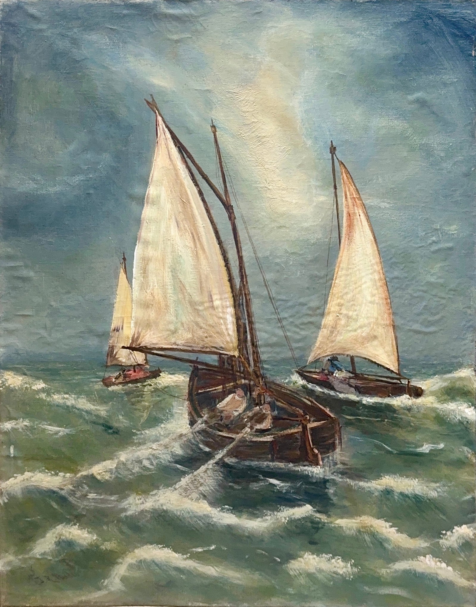 Thomas R. Miles, Oil on Canvas Laid on Hardboard, British (1844-1916) "FISHING IN ROUGH WATERS": Artist, Year: Thomas Rose Miles, (1844-1916). Origin: British. Medium: Oil on canvas laid on hardboard. Dimensions: 25'' x 20.5''. Condition: Good overall. Additional Information: Signed lower left co