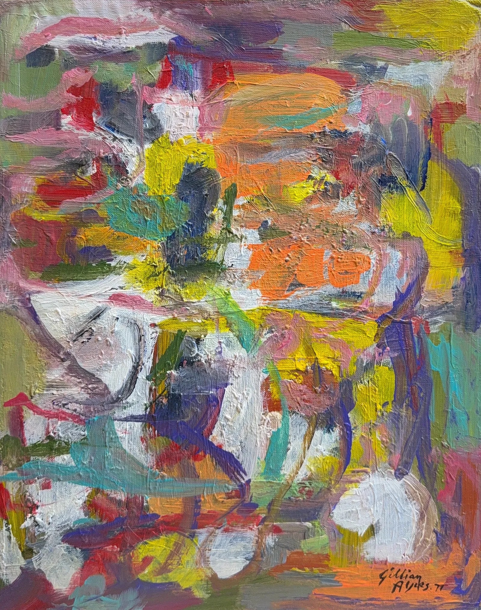 Gillian Ayres, Oil on Masonite, British (1930 - 2018): Artist, Year: Gillian Ayres, (1930 - 2018). Origin: British. Medium: Oil on Masonite. Dimensions: 20'' x 16''; 26.5'' x 22 1/4''. Condition: Good overall. Additional Information: Signed and dated 71 l