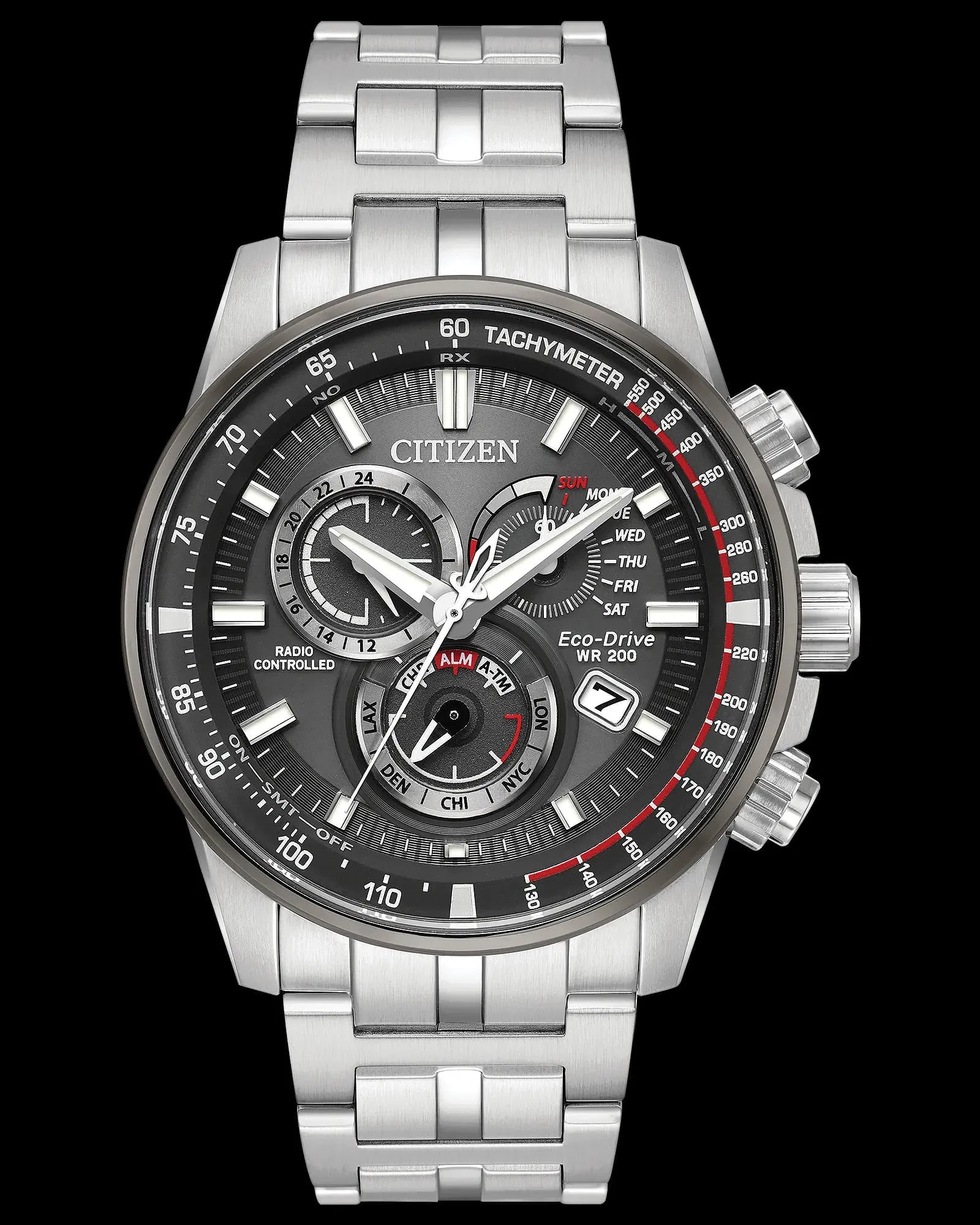 CITIZEN PCAT Eco Drive Watch (Discontinued): Title: CITIZEN PCAT Eco Drive Watch (Discontinued). Medium: stainless steel with dark grey dial and bright red accents, chronograph, perpetual calendar, 12/24-hour time, alarm, power reserve,