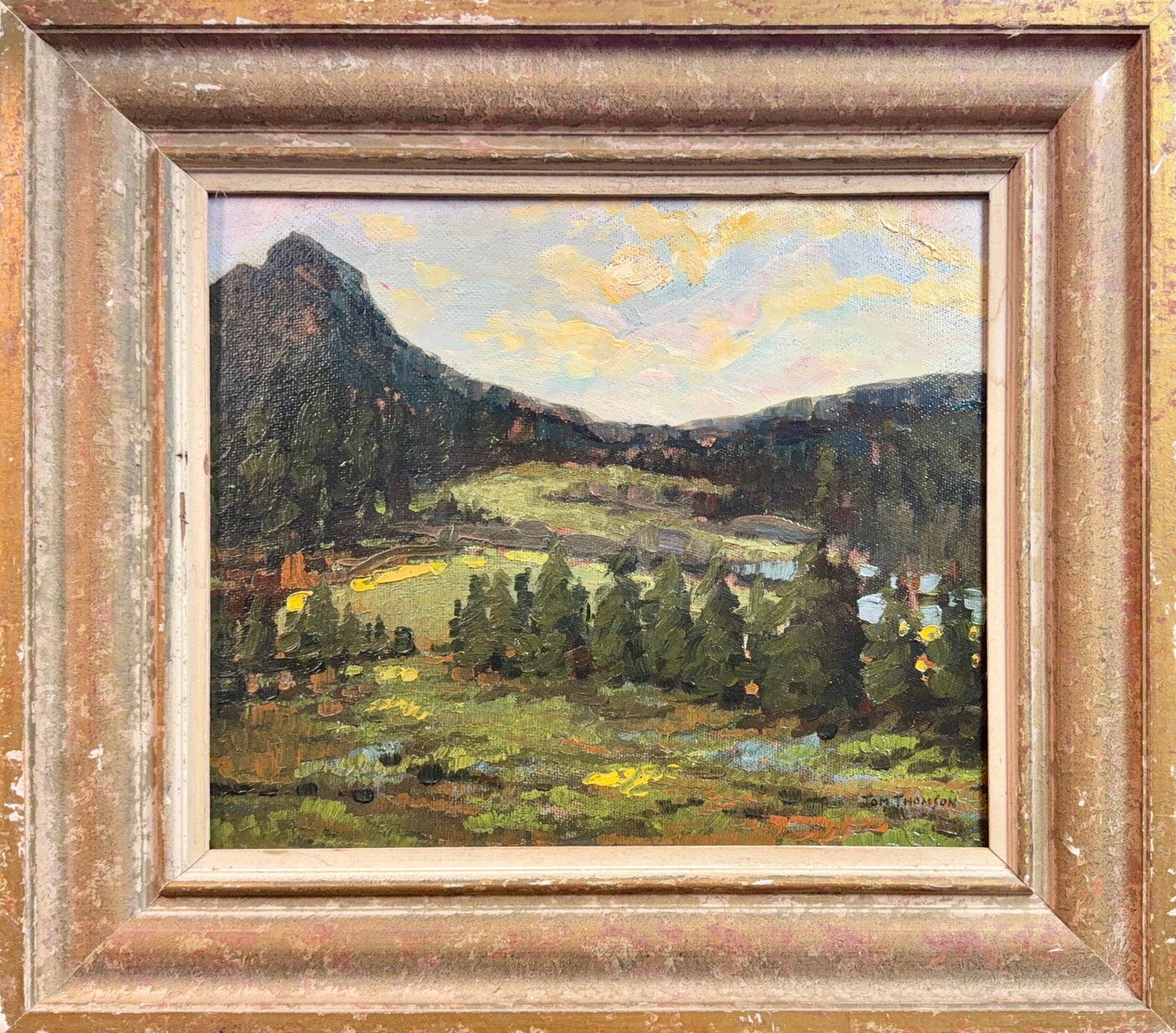 Tom Thomson, Oil on Canvas Board, Canadian (1877-1917): Artist, Year: Tom Thomson, (1877-1917). Origin: Canadian. Medium: Oil on canvas board. Dimensions: 12.5? x 14.5?; 19? x 21?. Condition: Good overall. Provenance: In Private collection by recent Inheri