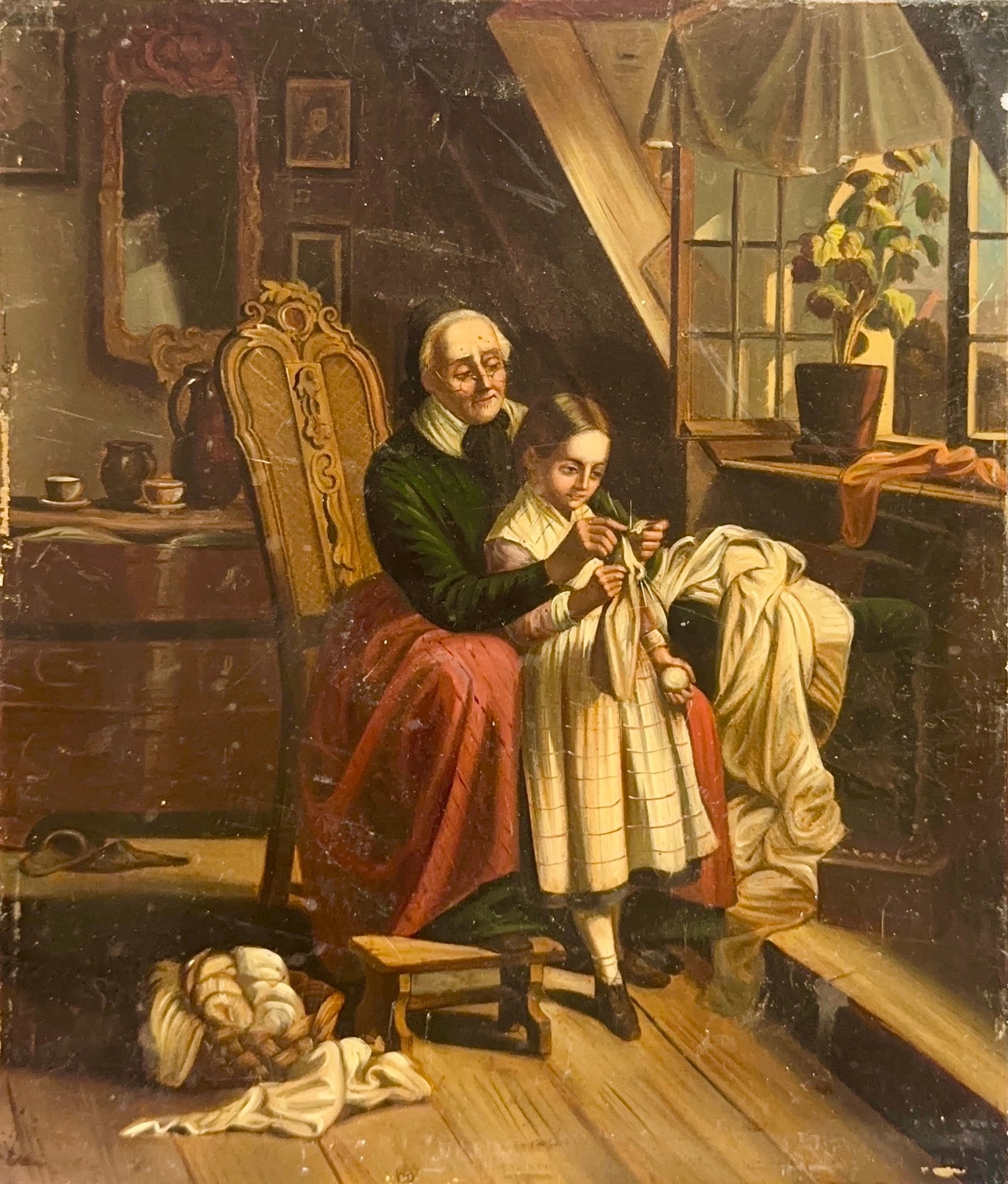Mystery Artist,Oil on Copper, German (1808-1879), ?The Knitting Lesson?: Artist, Year, Title: Mystery Artist, ?The Knitting Lesson?.? Origin: European. Medium: Oil on Copper. Dimensions: 10? x 8.5?. Condition: Good overall. Additional Information: The painting is in overal