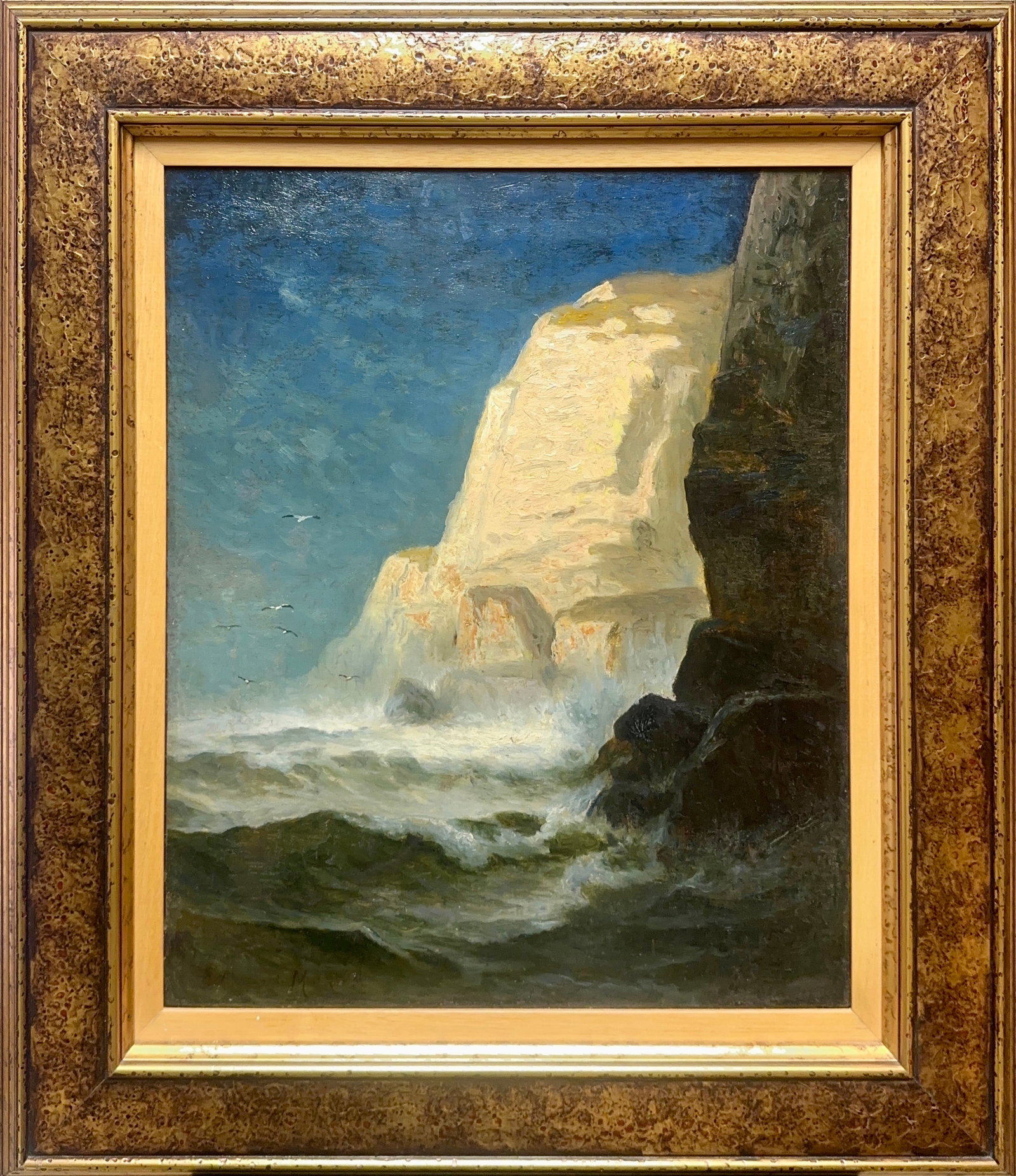 Edward Moran, Oil on Canvas, British (1829-1901), 'Cliff in a Storm': Artist, Year, Title: Edward Moran, (1829-1901), 'Cliffs in a Storm'. Medium: Oil on canvas. Dimensions: 19.5'' x 16''. 27'' x 24''. Condition: Good overall. Provenance: In Private Collection by recent