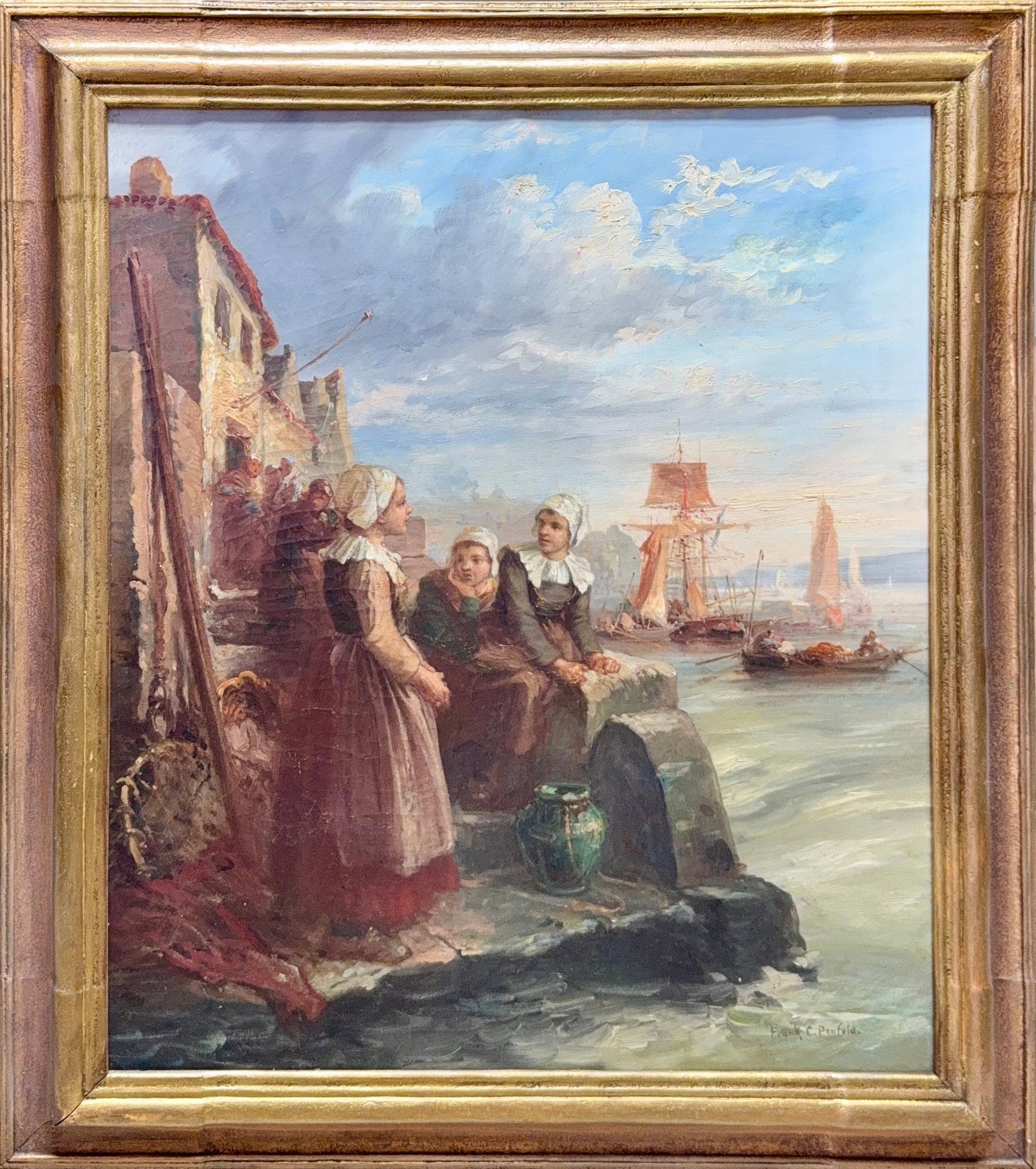 Frank Crawford Penfold, Oil on Canvas, American (1849-1921) 'Breton Women at work'.: Artist, Year: Frank Crawford Penfold, (1849-1921). Origin: American. Medium: Oil on canvas. Dimensions: 25? x 21?. 31? x 26.5?. Condition: Good overall. Provenance: In Private collection by recent Inh