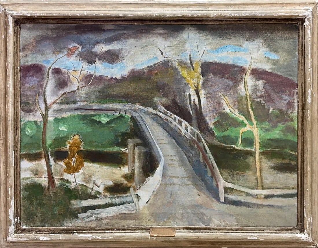 John Gernand, Oil on canvas, American (1913-1990), ‘Bridge and Tree Forms’: Artist, Year, Title: John Gernand, (1913-1990), ‘Bridge and Tree Forms’. Origin: American. Medium: Oil on canvas. Dimensions: 19” x 27”. 24” x 32”. Condition: Good overall.