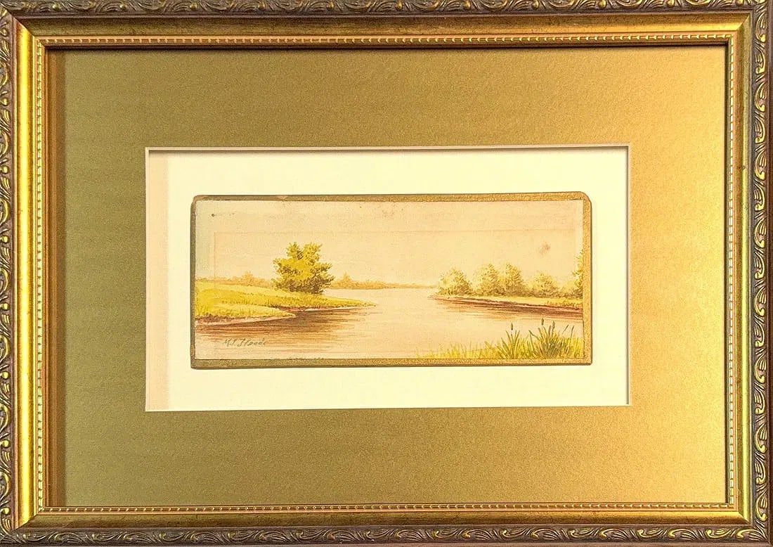Martin Johnson Heade, Watercolor on Paper, American (1819 - 1904): KEYWORDS : Tranquil, Landscape, River/Lake, Impressionistic, Grassy Bank, Busy Tree. Born: 1819 - Lumberville, Pennsylvania. Died: 1904 - St Augustine, Florida. Known for: Sea-landscape painting, humm
