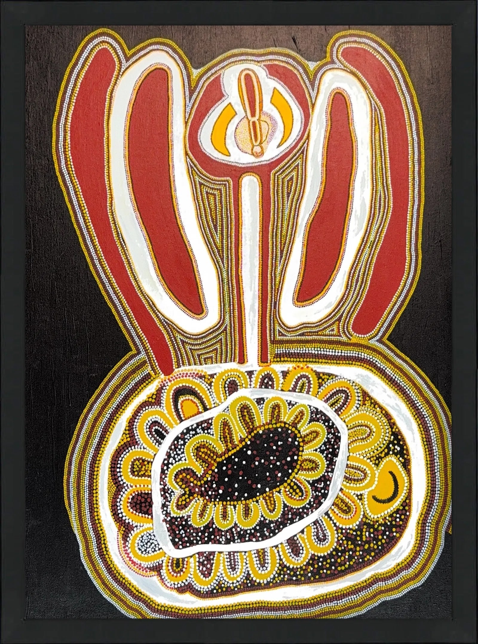 Tommy Skeen Tjakamarra, Acrylic on Canvas, Australian ( 1930 ) Known for: Aboriginal art: KEYWORDS: Aboriginal art, Indigenous art, Dot painting, Acrylic, Canvas, Traditional colors, Red, Yellow, Black, White, Symbols, Iconography, Dreaming (Jukurrpa), Concentric circles, U-shapes. Contemp