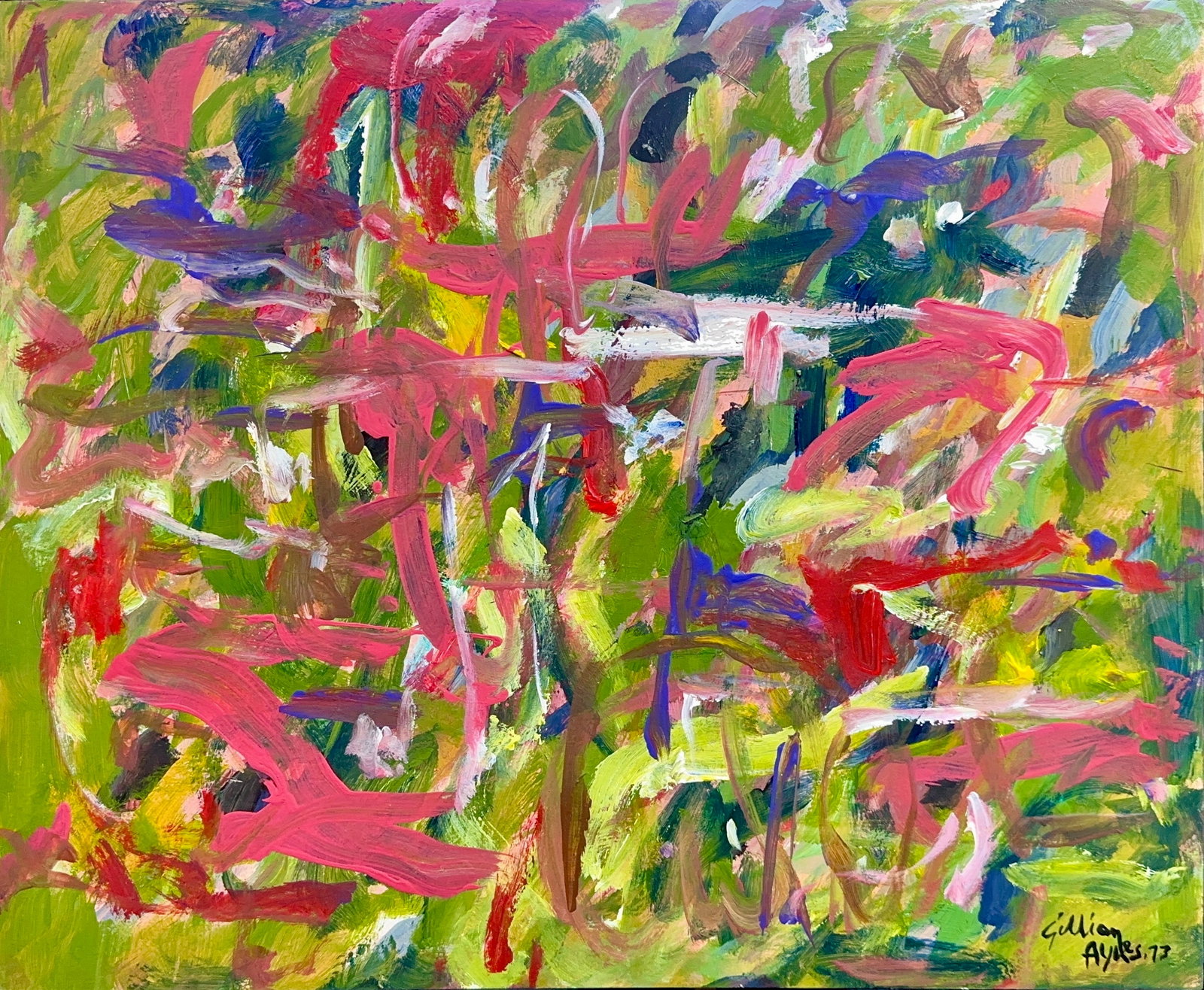 Gillian Ayres, Oil/Acrylic/Mix Media on Card Board, English (1930-2018): Artist, Year, Title: Gillian Ayres, (1930-2018). Origin: English. Medium: Oil/acrylic/mix media on card board. Dimensions: 16'' x 20''. Condition: Good overall. Provenance: In Private collection. Addi