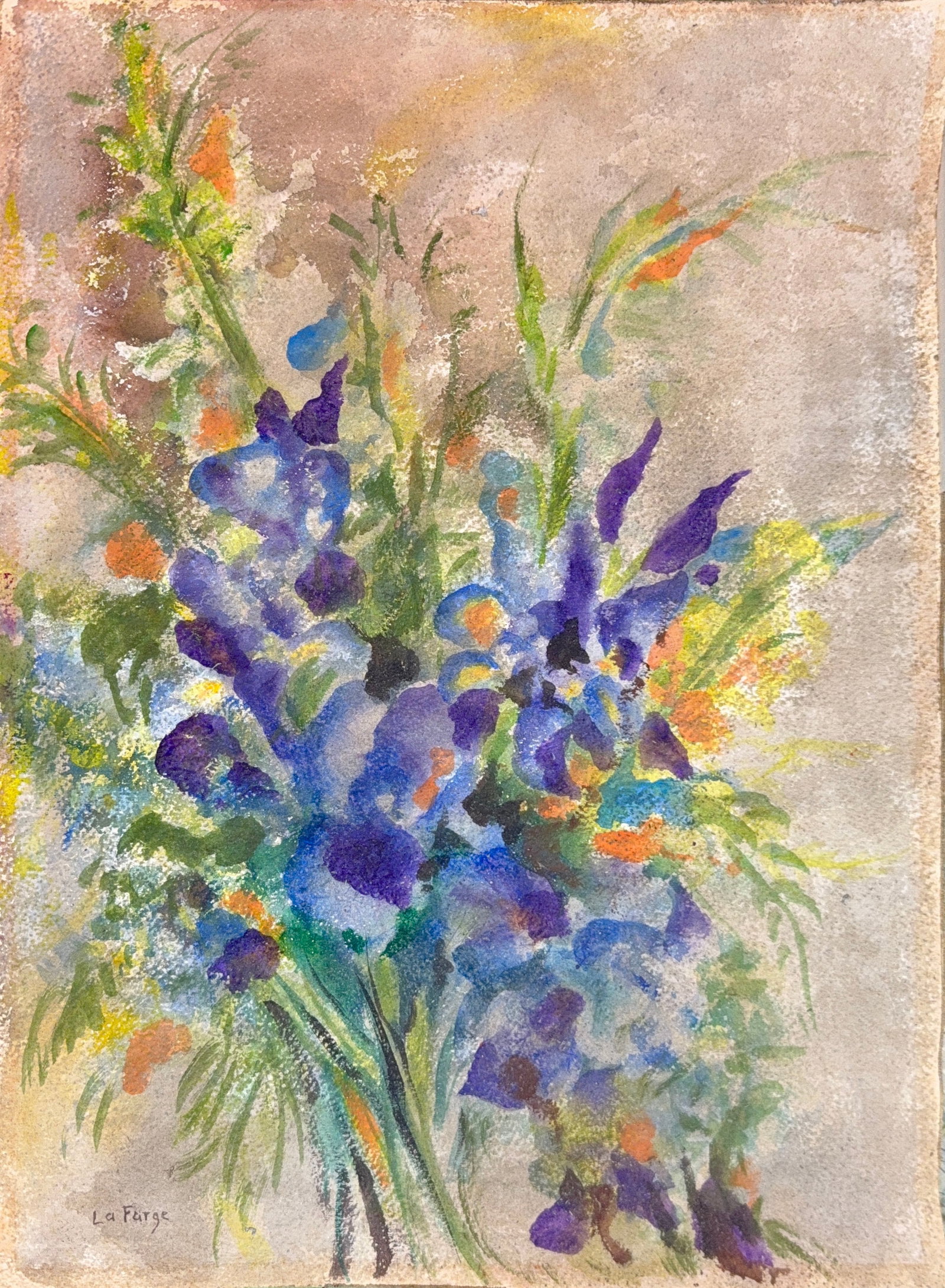 John La Farge, Watercolor on Artistic Paper, American (1835-1910): Artist, Year, Title: John La Farge, (1835-1910). Origin: American. Medium: Watercolor on artistic paper. Dimensions: 20” x 14”. Condition: Good overall. Provenance: Local Estate Find. Addi