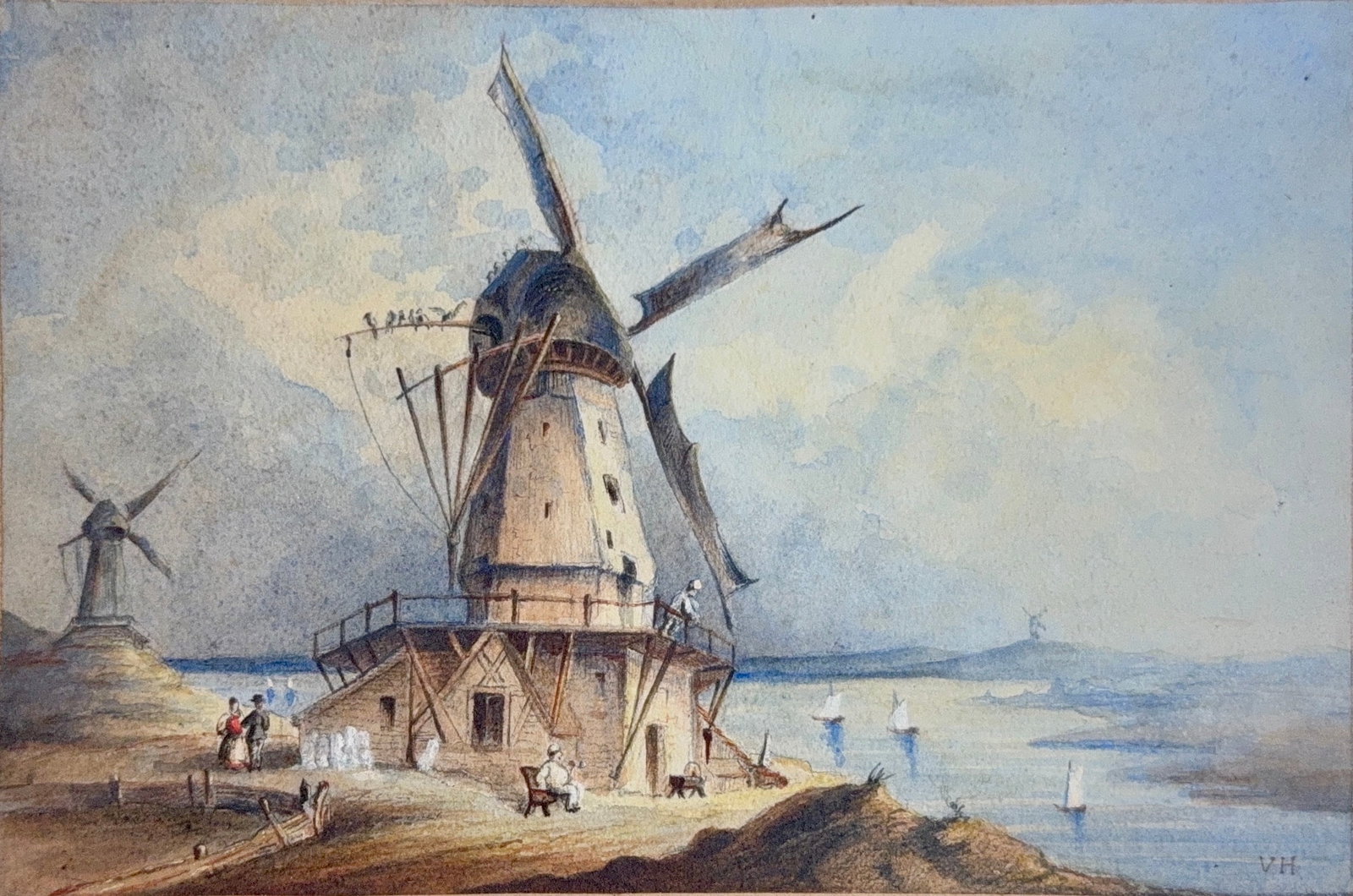 Vilhelm Hammershoi, Antique Watercolor on Paper, Danish (1864-1916) "Landscape with Windmill": Artist, Year, Title: Vilhelm Hammershoi, (1864-1916) "Landscape with Windmill". Origin: Danish. Medium: Antique watercolor on paper. Dimensions: 5.5? x 8.5?. 11.5? x 13.5?. Condition: Good overall. Ad