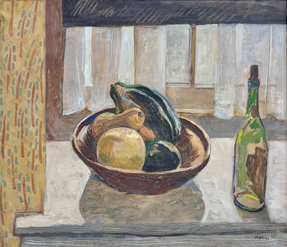 Alan John Hopkins, Oil on Canvas, British (1930-1974): Artist, Year: Alan John Hopkins, (1930-1974). Origin: British. Medium: Oil on canvas. Dimensions: 23.5'' x 29''. 31.5'' x 36.5''. Condition: Good overall. Provenance: In Private collection by recent I