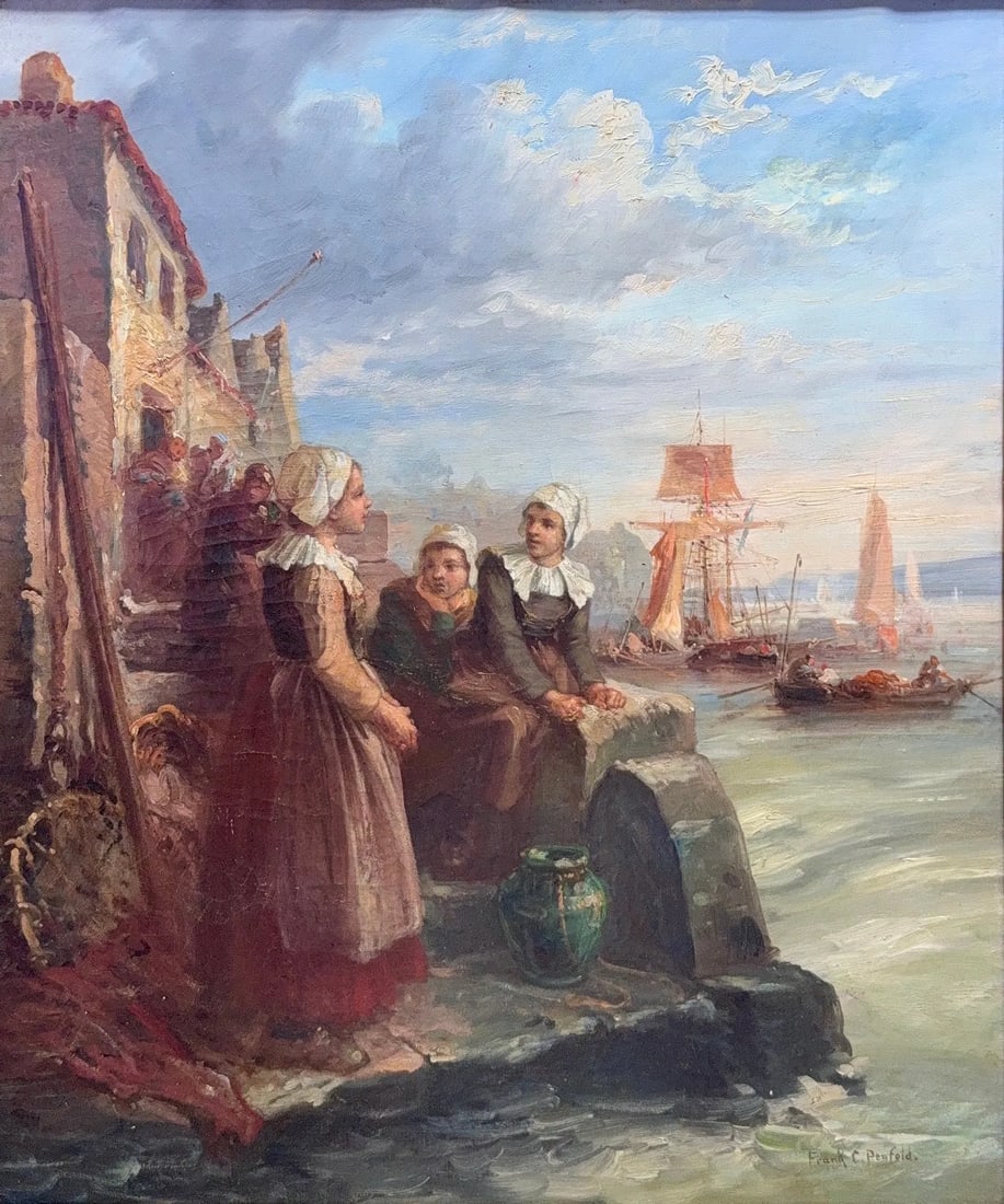 Frank Crawford Penfold, Oil on Canvas, American (1849-1921) 'Breton Women at work'.: Artist, Year: Frank Crawford Penfold, (1849-1921). Origin: American. Medium: Oil on canvas. Dimensions: 25'' x 21''. 31'' x 26.5''. Condition: Good overall. Provenance: In Private collection by recent