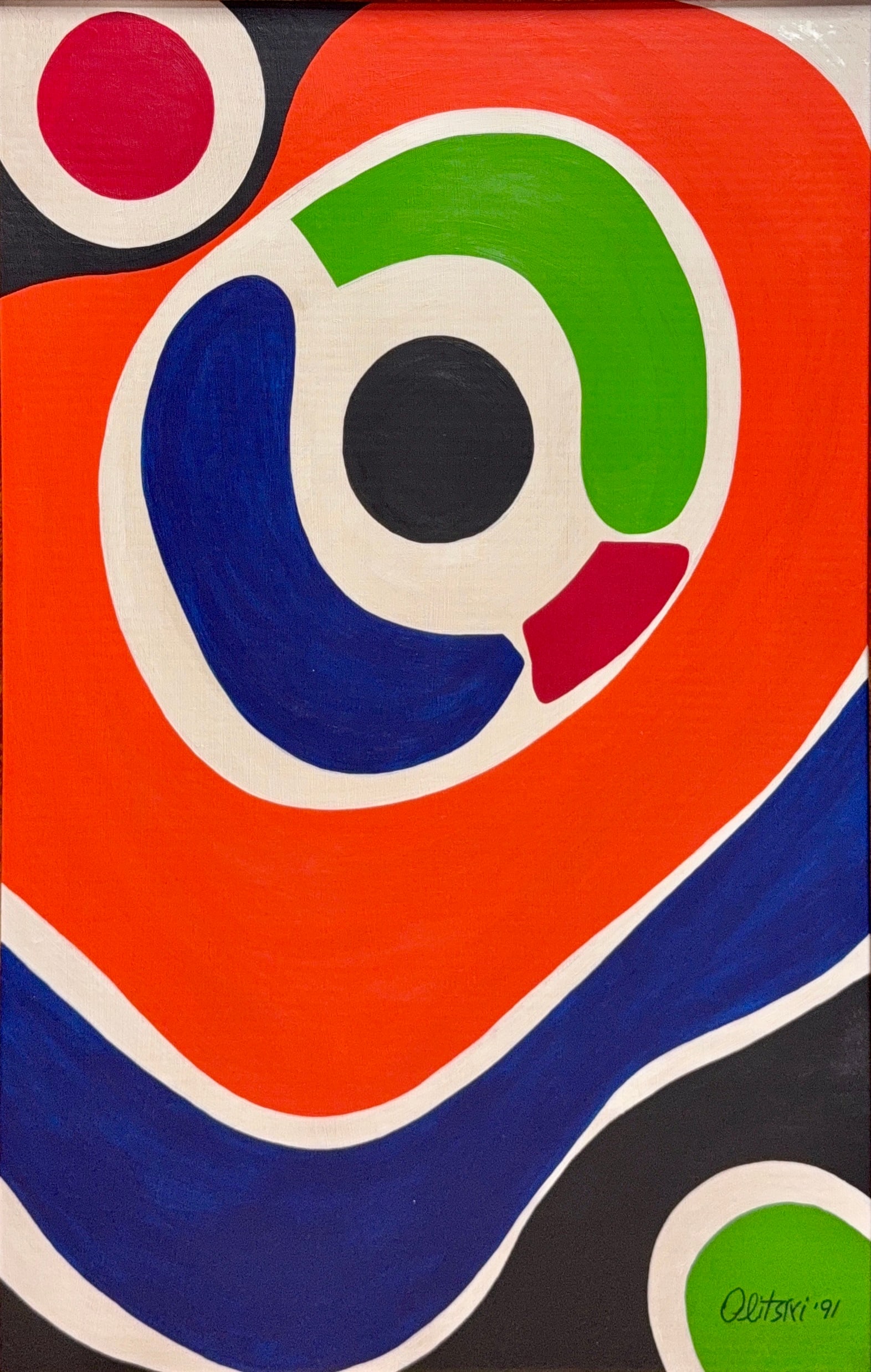Jules Olitski, Acrylic on Canvas, Ukraine (1922-2007) "Bullseye": Artist, Year, Title: Jules Olitski, (1922-2007) "Bullseye". Origin: Ukraine. Medium: Oil on canvas. Dimensions: 35.5'' x 23.5''. 43.5'' x 32''. Condition: Good overall. Provenance : In Private Collect