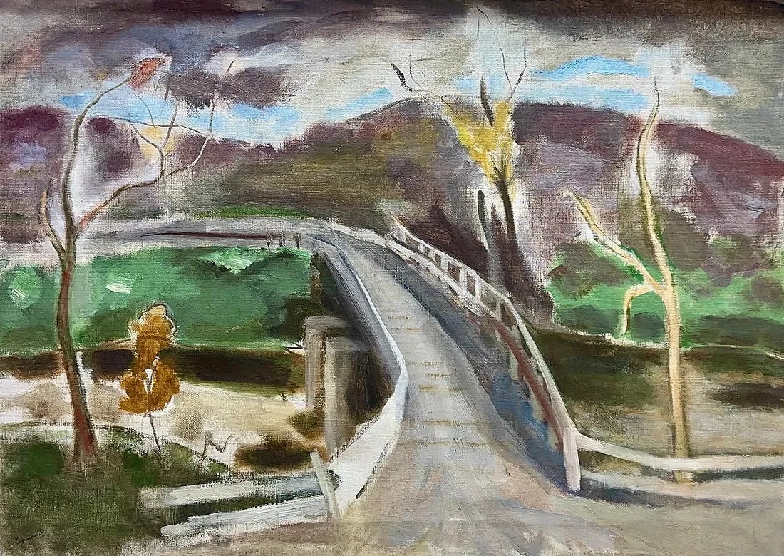 John Gernand, Oil on canvas, American (1913-1990), 'Bridge and Tree Forms': Artist, Year, Title: John Gernand, (1913-1990), 'Bridge and Tree Forms'. Origin: American. Medium: Oil on canvas. Dimensions: 19'' x 27''. 24'' x 32''. Condition: Good overall. Additional Information: